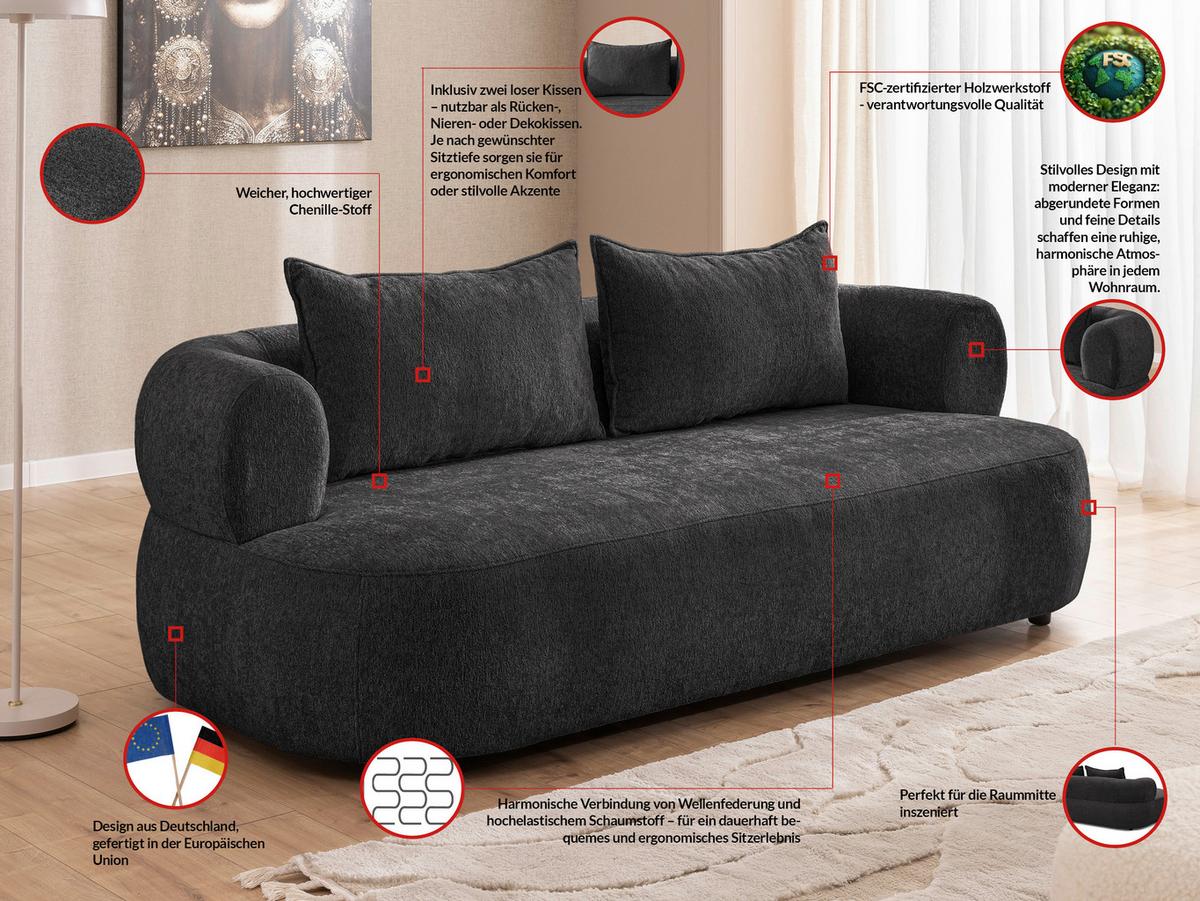3-sitzer-sofa Ferro Schwarz B: 200 Cm - Schwarz, Design, Textil (200/76/96cm) - Livetastic