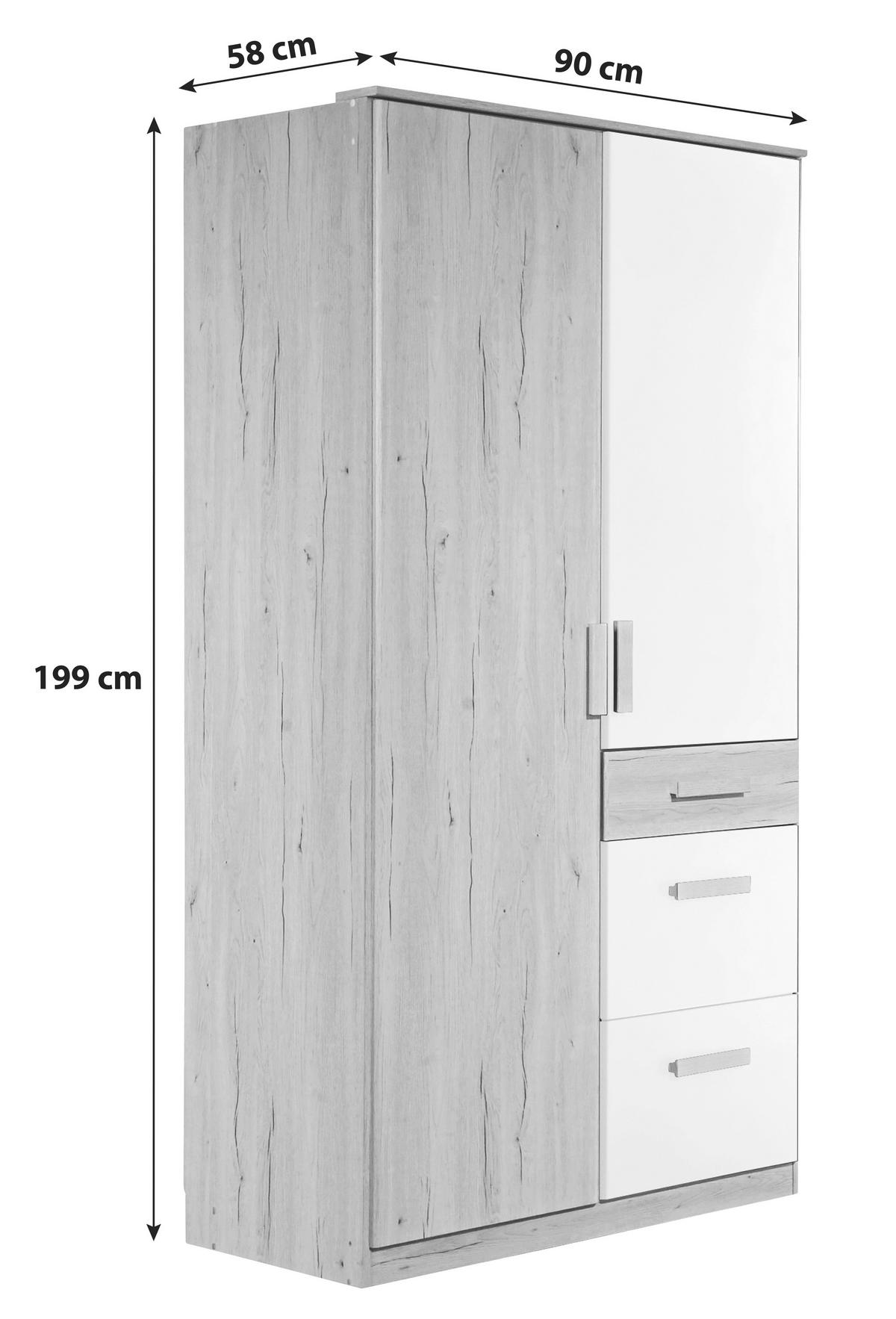 Šatní skříň CARIBA šířka 90cm - bílá/barvy dubu, Design, kompozitní dřevo/plast (90/199/58cm) - MID.YOU