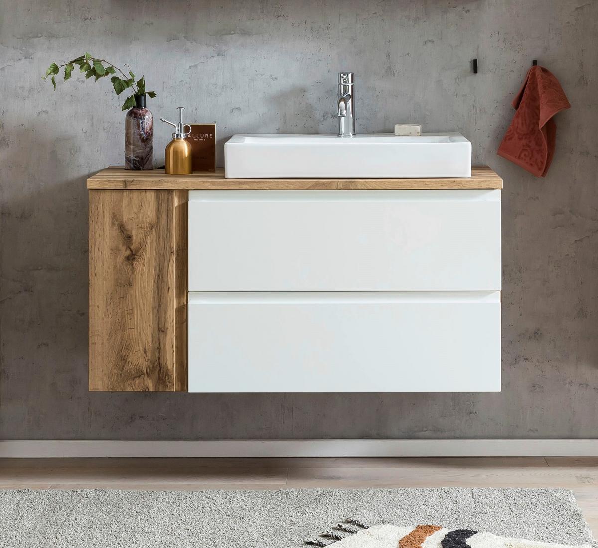 Waschbecken mit Unterschrank Varese B: 150 cm Eiche/Weiß - Eiche Wotan/Weiß, MODERN, Keramik/Holzwerkstoff (105cm) - Held