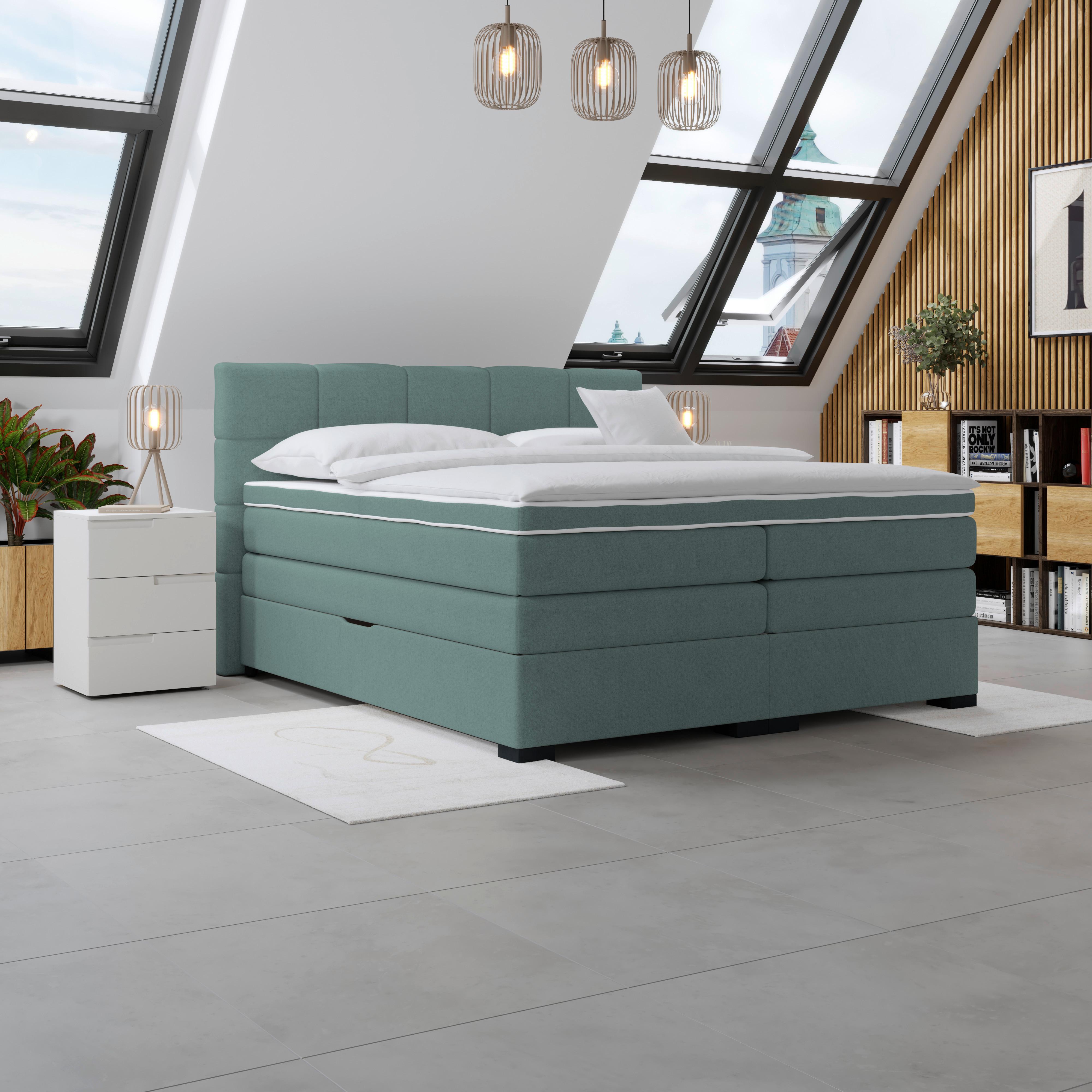 Boxspringbetten mit Topper 200x200 April - Jadegrün/Schwarz, MODERN, Textil (200/200cm)