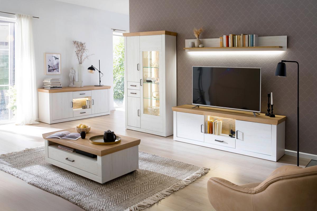 Wohnkombination 3-Tlg. Madrid Eiche-/Pinienfarben - Eichefarben/Schwarz, Design, Glas/Holzwerkstoff (297/205/50cm) - MID.YOU