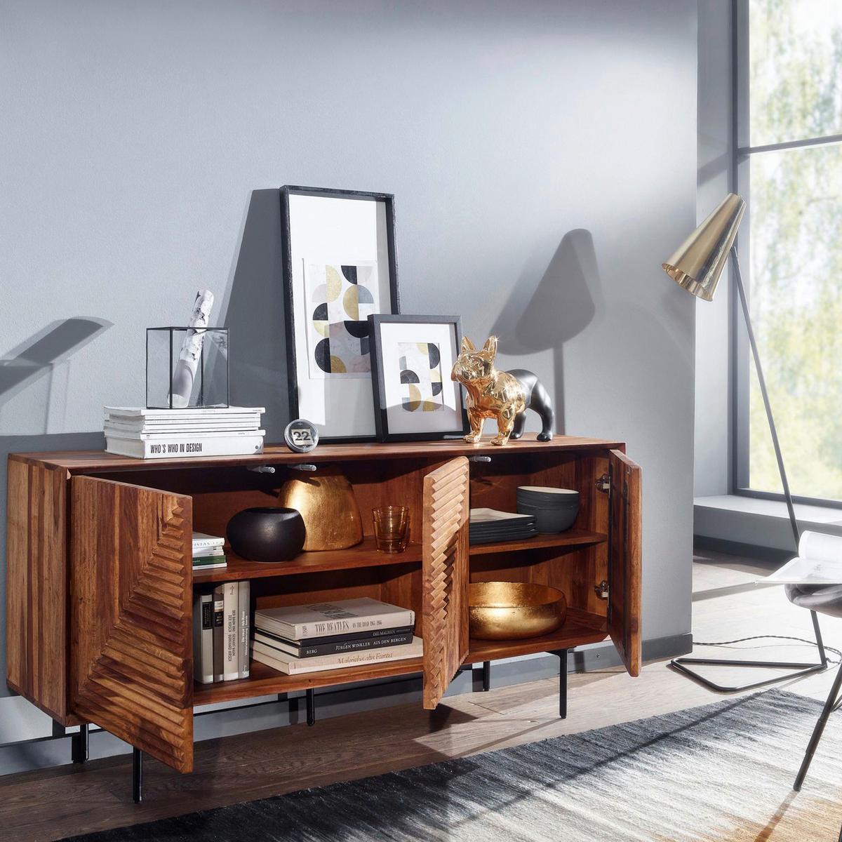 Sideboard Sheesham Sheeshamfarben B: 148 cm - Sheeshamfarben/Schwarz, Design, Holz (148/72/40cm) - MID.YOU