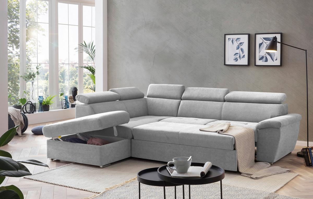 Ecksofa mit Schlaffunktion und Bettkasten Antero Grau - Chromfarben/Schwarz, Design, Textil (216/262cm) - Livetastic