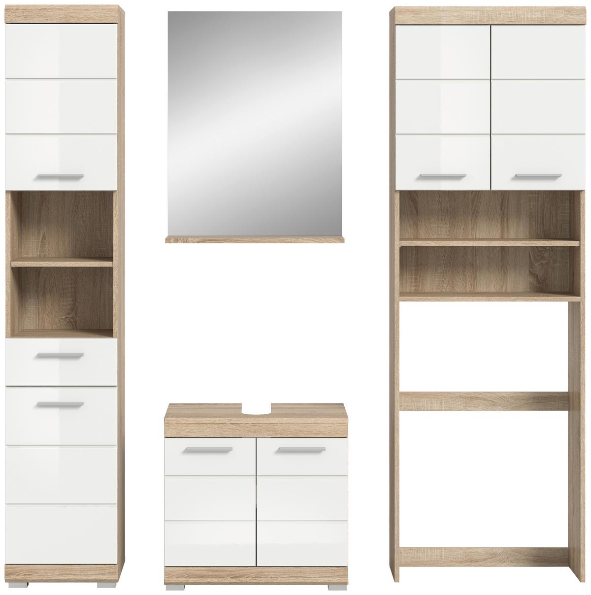 Badezimmer Lambada Eiche Dekor/weiß B: 160 Cm - Weiß Hochglanz/Silberfarben, MODERN, Glas/Holzwerkstoff (160cm) - MID.YOU
