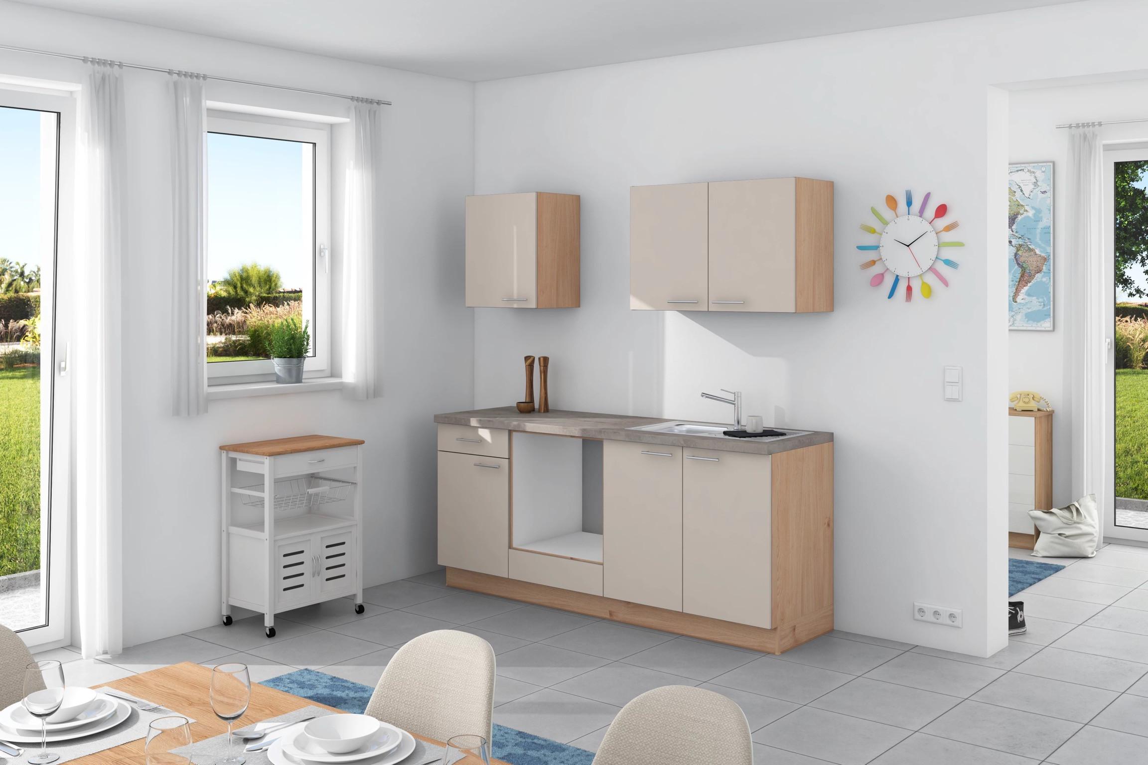 Küchenzeile Base ohne Geräte 200 cm Crema/Eiche/Beton Hell - Wildeiche/Creme, Design, Holzwerkstoff (200cm) - Express