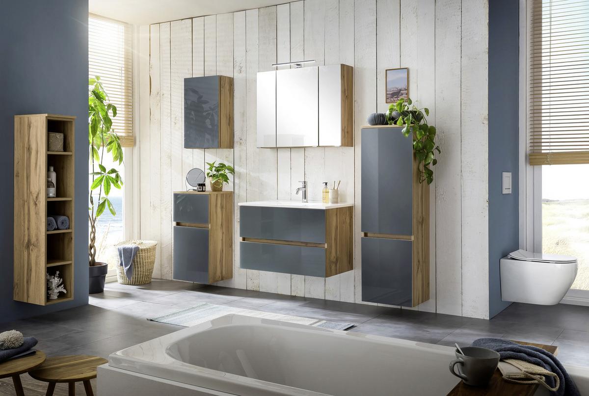 Midischrank Mit Türdämpfung Helsinki 40cm Grau/eiche Dekor - Eichefarben/Silberfarben, KONVENTIONELL, Glas/Holzwerkstoff (40/130/35cm) - Held