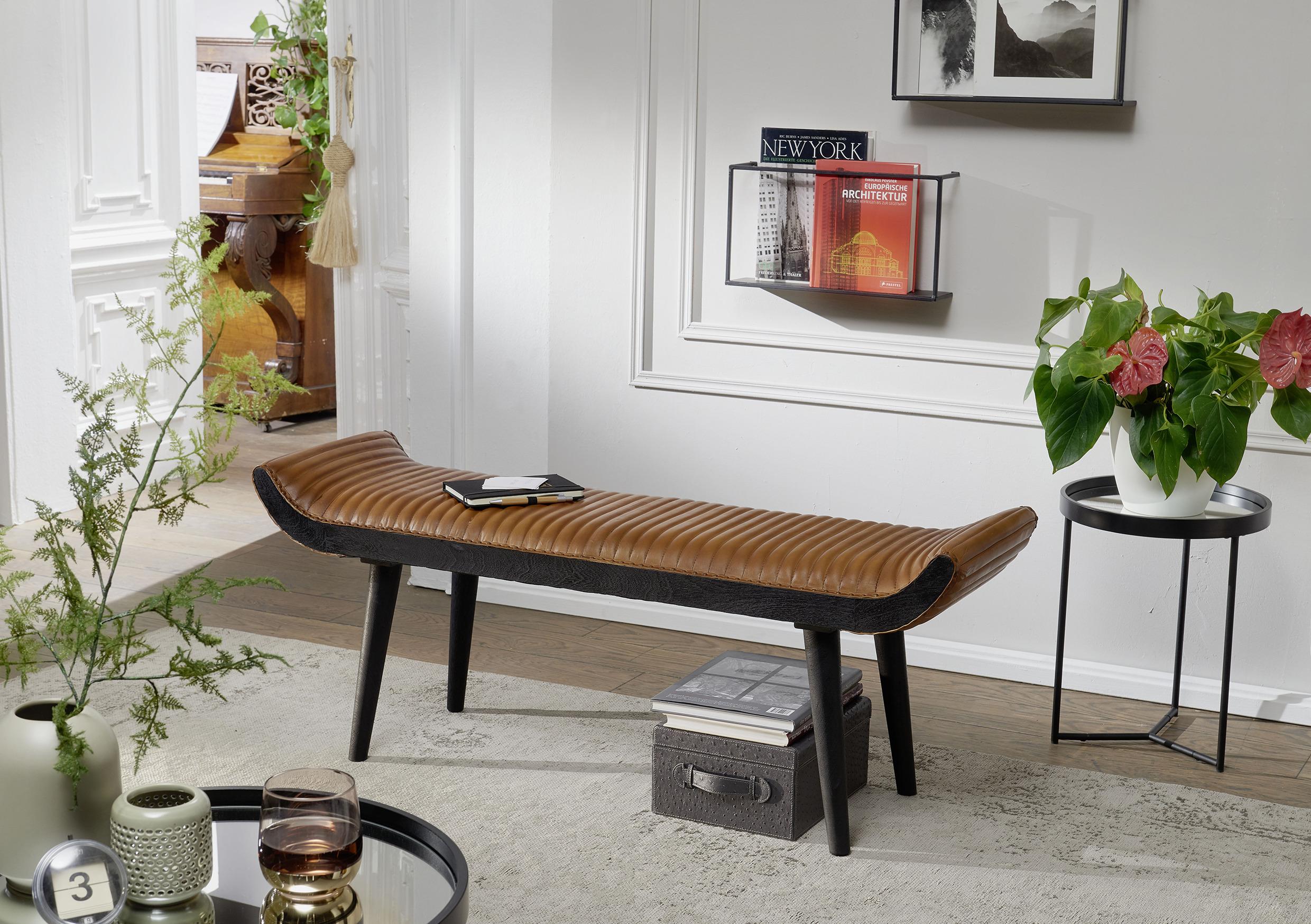 Lavica Hnedá, Pravá Koža - hnedá/čierna, Moderný, koža/drevo (128/51/38cm) - MID.YOU