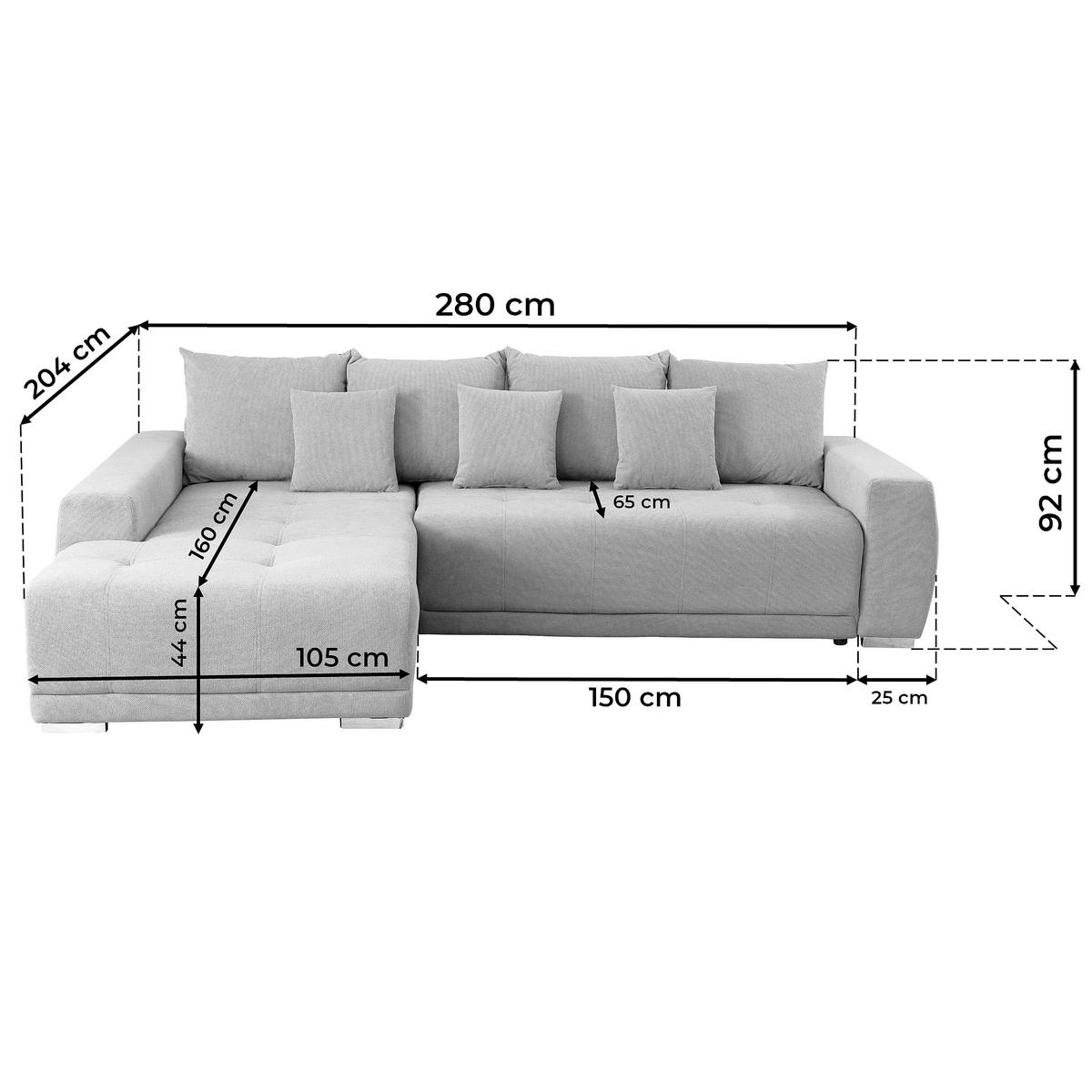 Ecksofa Madeleine Dunkelgrau S: 204x280cm - Dunkelgrau/Silberfarben, Design, Textil (204/280cm) - MID.YOU