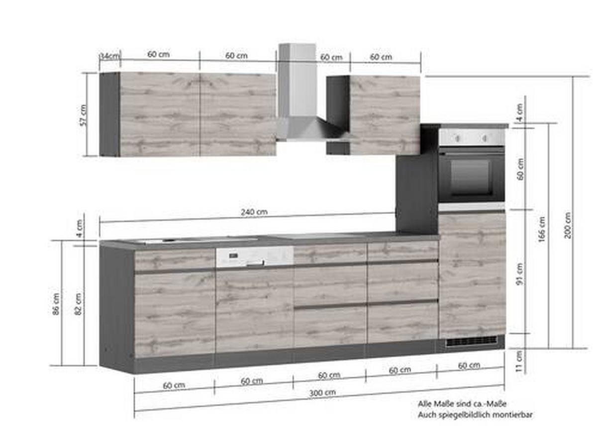 Küchenzeile Turin mit Geräten B: 300 cm Graphitfarben/Eiche - Eiche Wotan/Graphitfarben, Design, Holzwerkstoff (300cm) - Held