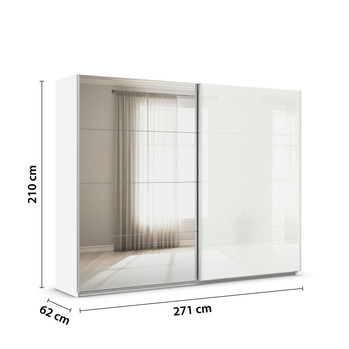 Tolóajtós Szekrény Feldkirch 271/210 Cm - ezüst/magasfényű fehér, Modern, faalapú anyag/Üveg (271/210/62cm)