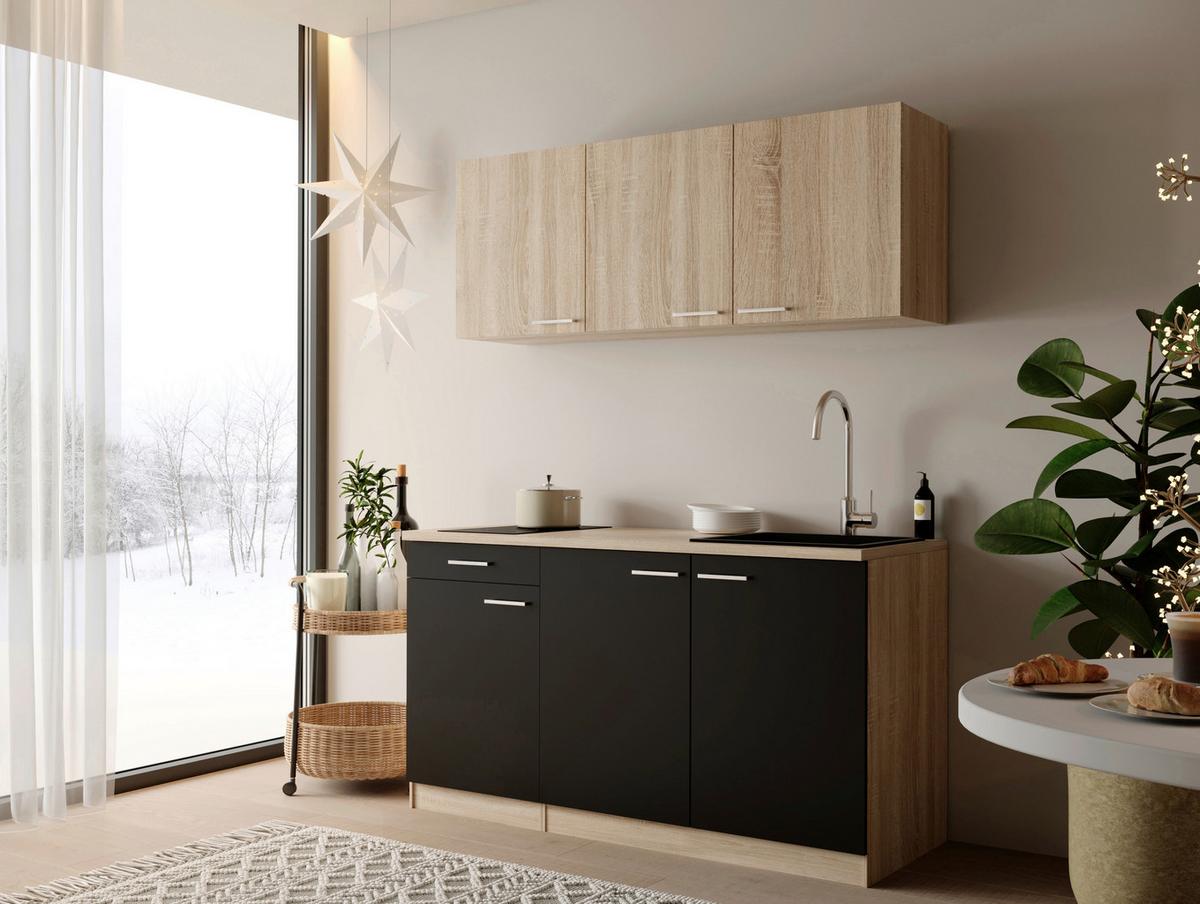 MINIKÜCHE Ingrid, Schwarz B: 150 cm - Eichefarben/Schwarz, Design, Holzwerkstoff (150cm) - Respekta
