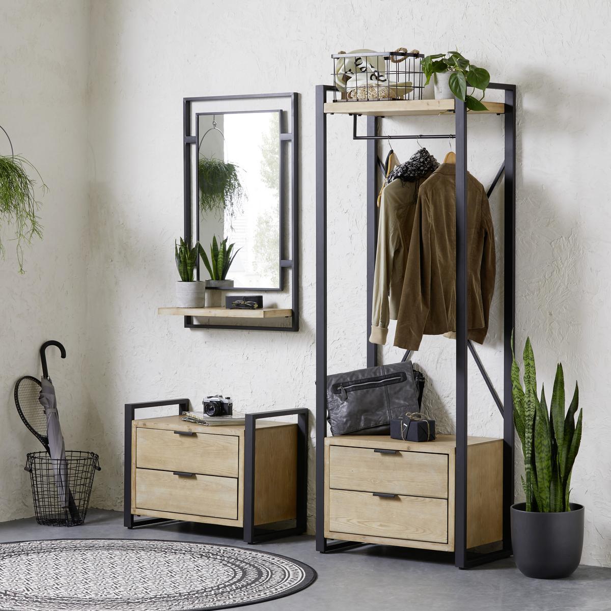 NÁSTENNÉ ZRKADLO JACK - čierna/prírodná farba, Lifestyle, kov/drevo (60/100/22cm) - Premium Living