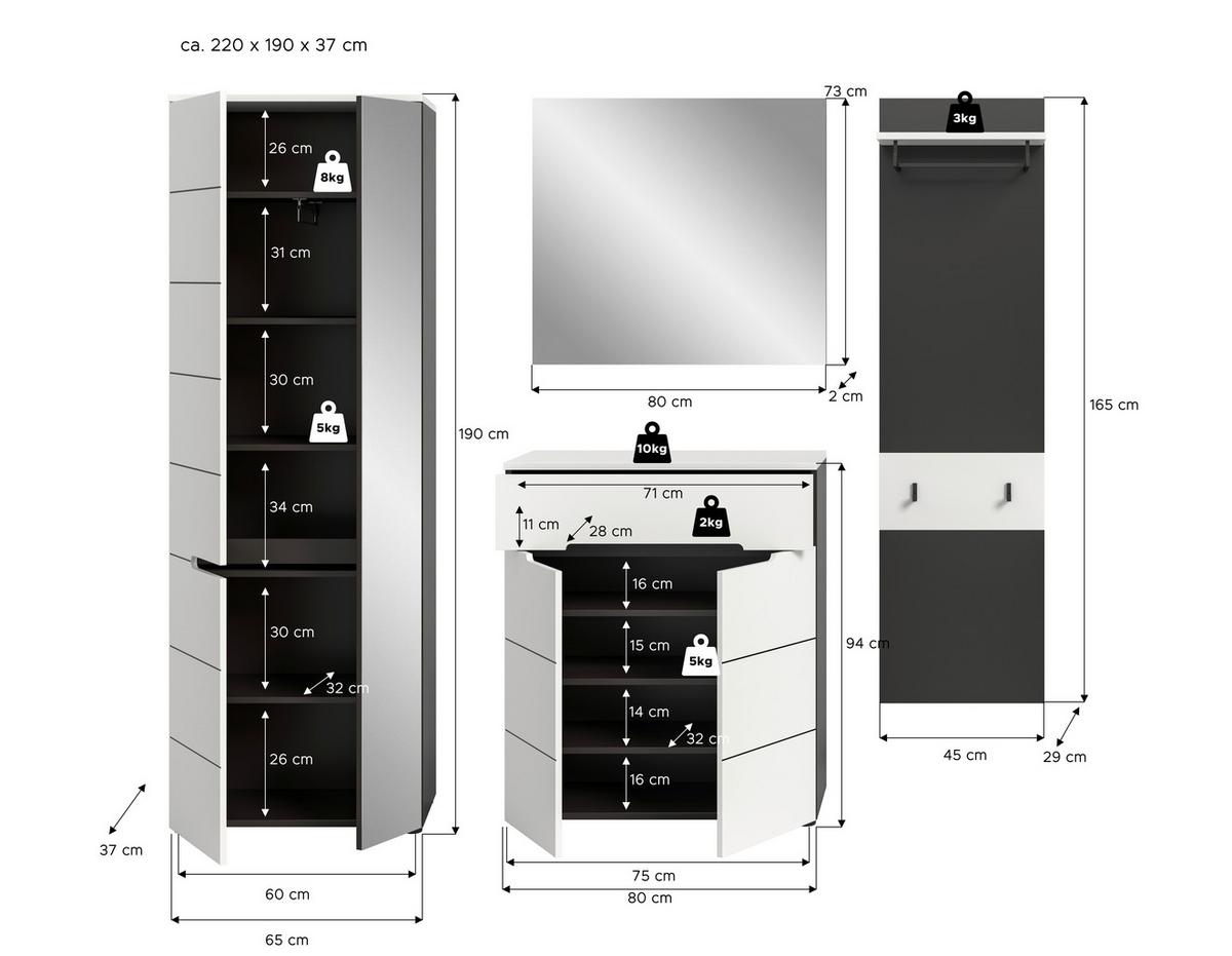 Garderobe Canu 4-teilig Weiß/basalt Grau B: 220 Cm - Weiß, Design, Holzwerkstoff (220/190/37cm) - Livetastic