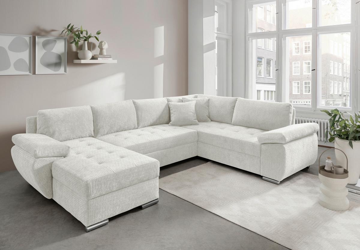 Wohnlandschaft Terana Creme mit Schlaffunktion, Mikrofaser - Chromfarben/Creme, KONVENTIONELL, Textil (157/305/219cm) - Livetastic