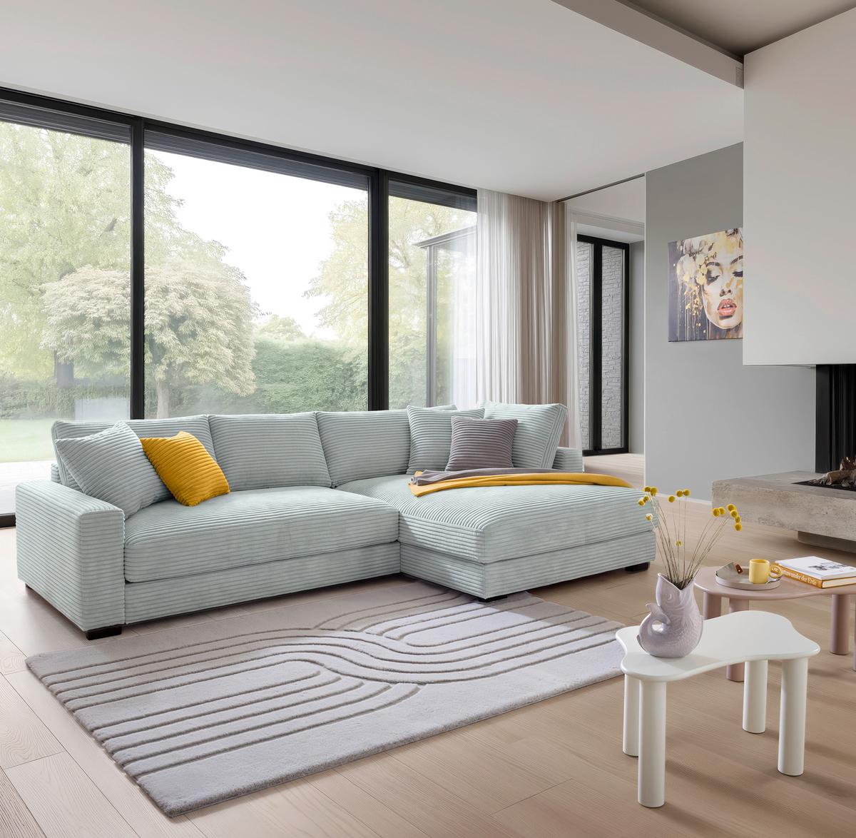 Rohová sedačka PEDRO, pravá, šalvějově zelený manšestr - černá/šalvějově zelená, Moderní, textil/plast (300/190cm) - Mömax