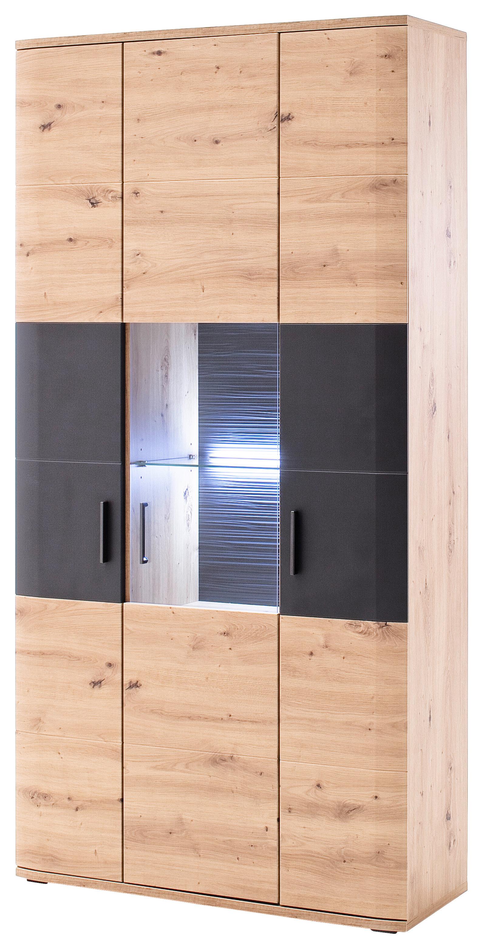 Vitrine B: 100 cm Cortona Anthrazit/Eichefarben - Klar/Eichefarben, Design, Glas/Holzwerkstoff (100/198/37cm) - Livetastic