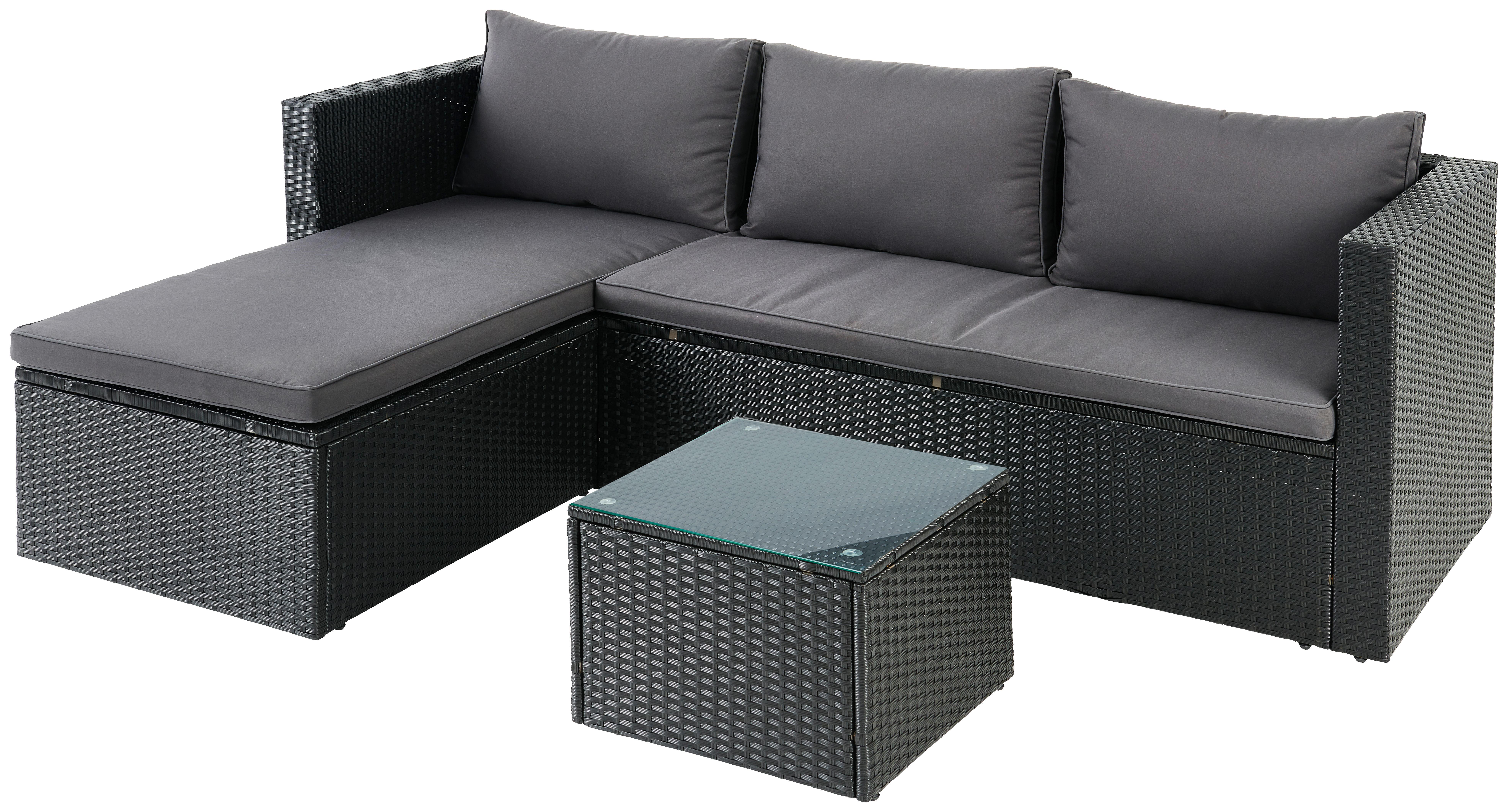 Loungegarnitur 3-Tlg. Bergen Stahl/Polyrattan mit Kissen - Dunkelgrau/Schwarz, MODERN, Glas/Kunststoff (142/215cm)