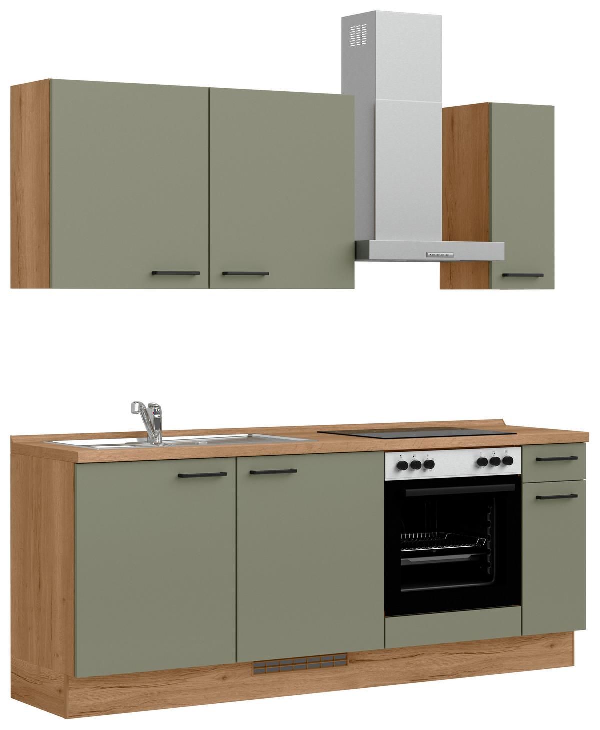 Kuchyňská linka 210 cm, olivově zelená - barvy dubu/černá, Moderní, kov/kompozitní dřevo (210cm) - Nobilia