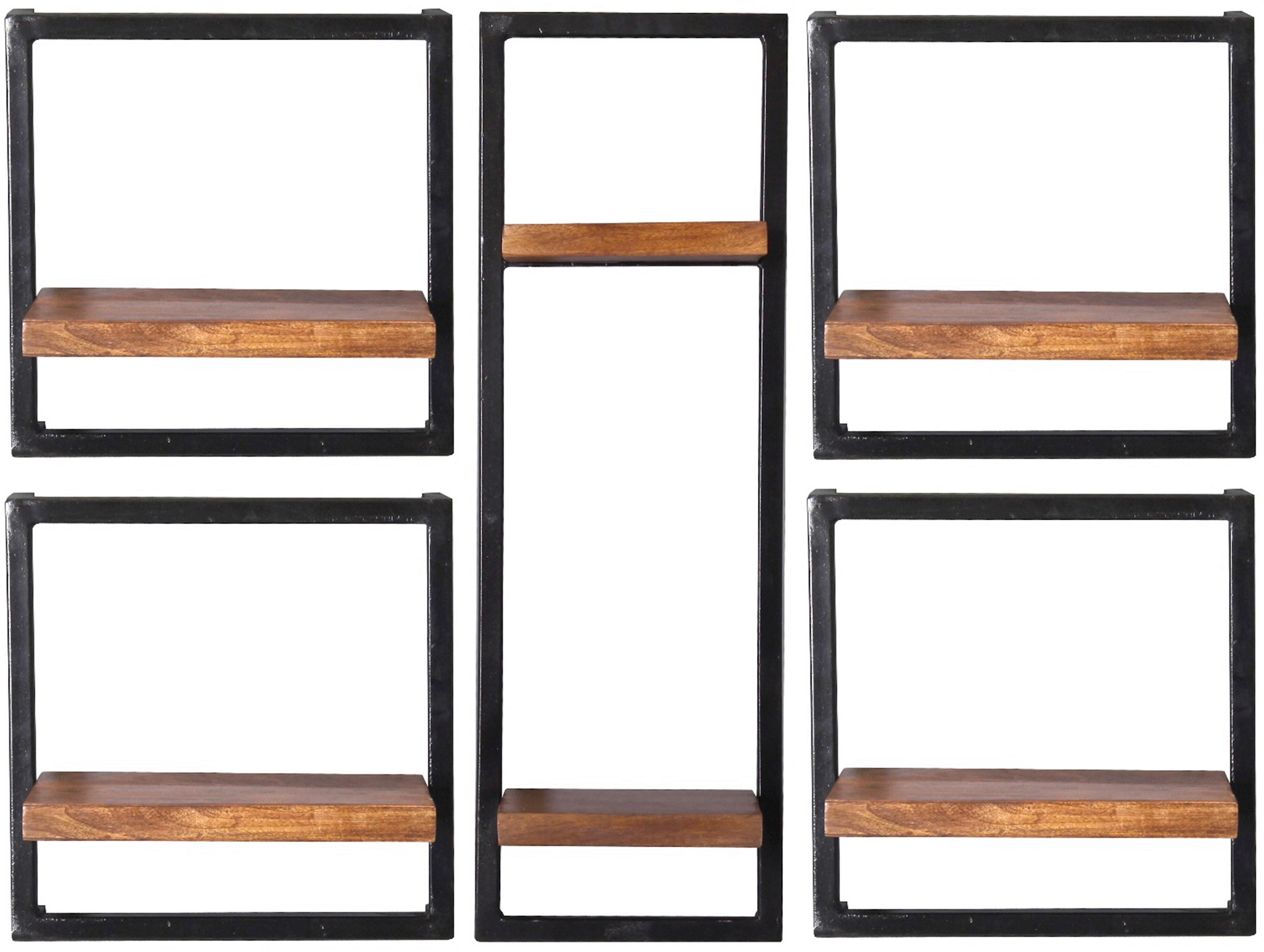 Wandregalset 5-tlg. Mangoholz B: 105cm - Schwarz/Naturfarben, Design, Holz/Metall (105/75/25cm) - MID.YOU