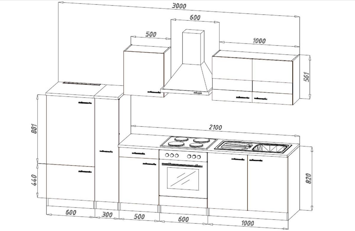 Küchenzeile ohne Geräte B: 300 cm Schwarz/Weiß/Nussbaum Dekor - Nussbaumfarben/Schwarz, Basics, Holzwerkstoff (300cm) - Respekta