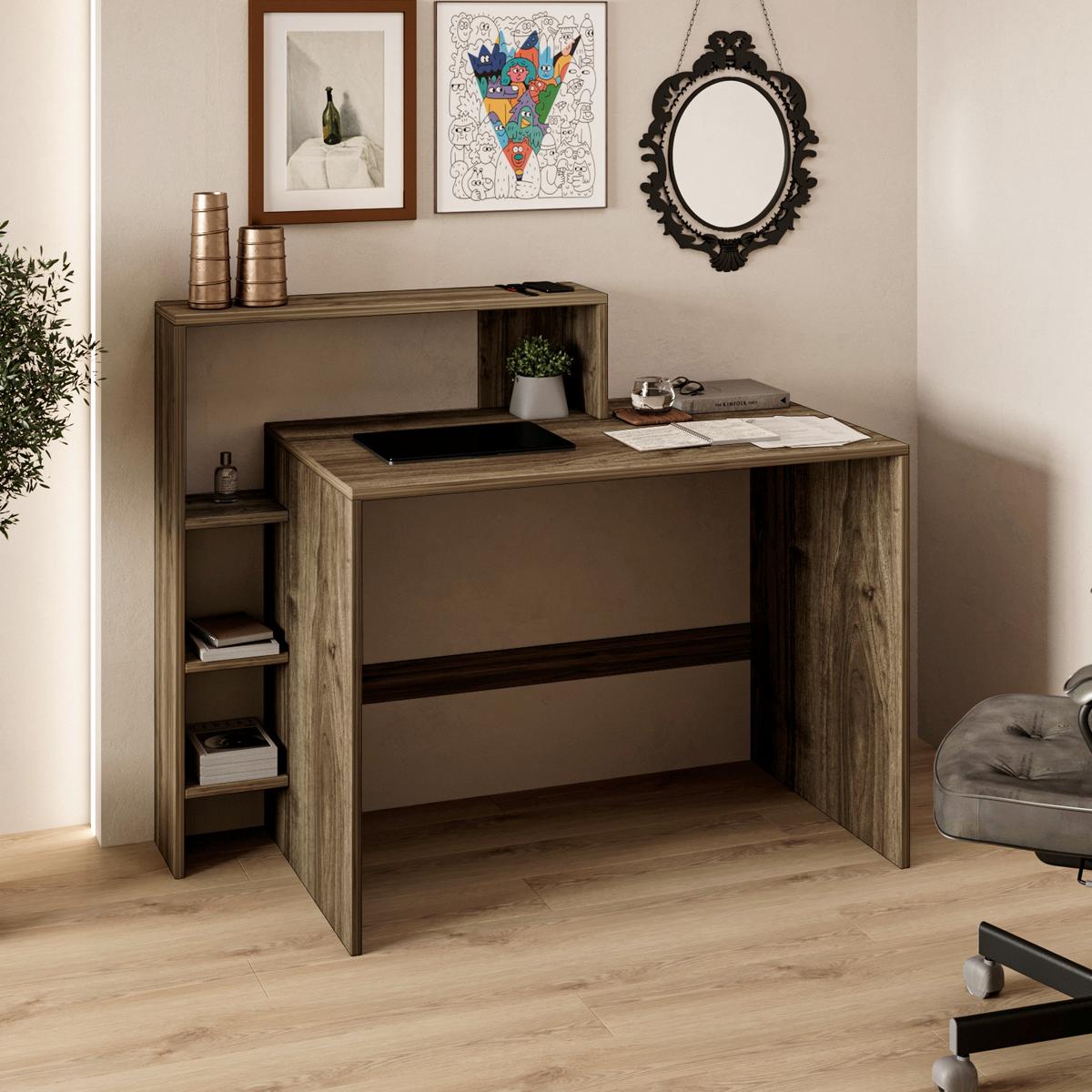 Schreibtischkombination Amber, Walnussfarben B: 120 Cm - Walnussfarben/Weiß, Design, Holzwerkstoff (120/55/96cm) - Livetastic