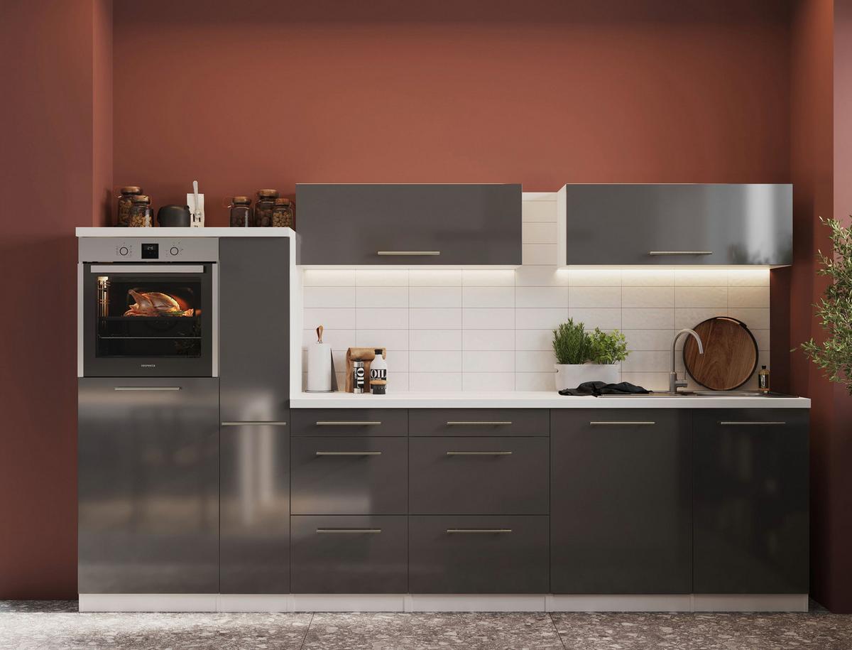 Küchenzeile Premium mit Geräte 310 cm Grau/Weiß + Kochinsel - Weiß/Grau, MODERN, Holzwerkstoff (310/160cm) - Respekta