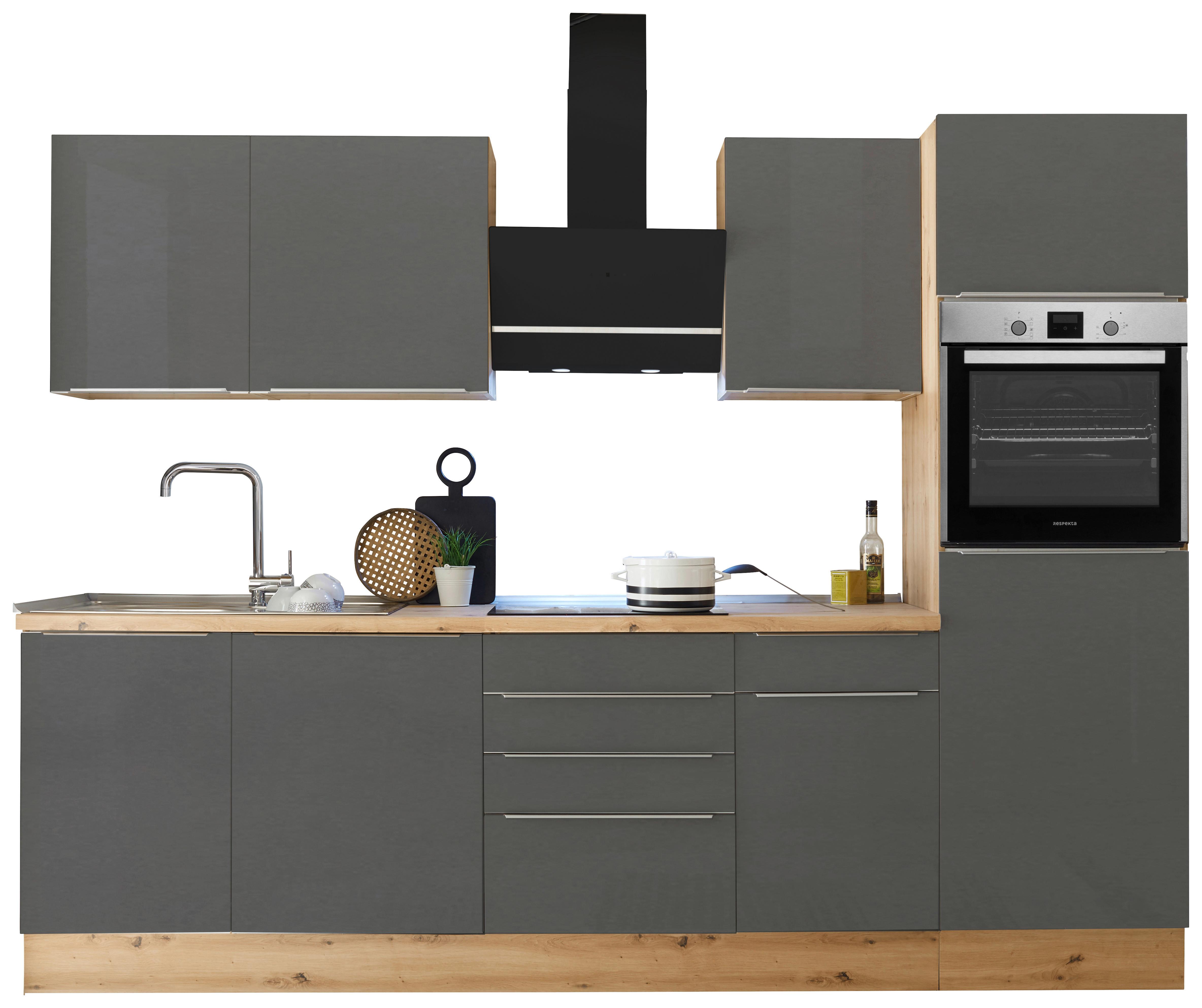 Küchenzeile mit Geräten B: 280 cm Grau/Eiche Dekor - Anthrazit/Eiche Artisan, LIFESTYLE, Holzwerkstoff (280/211/60cm) - Respekta