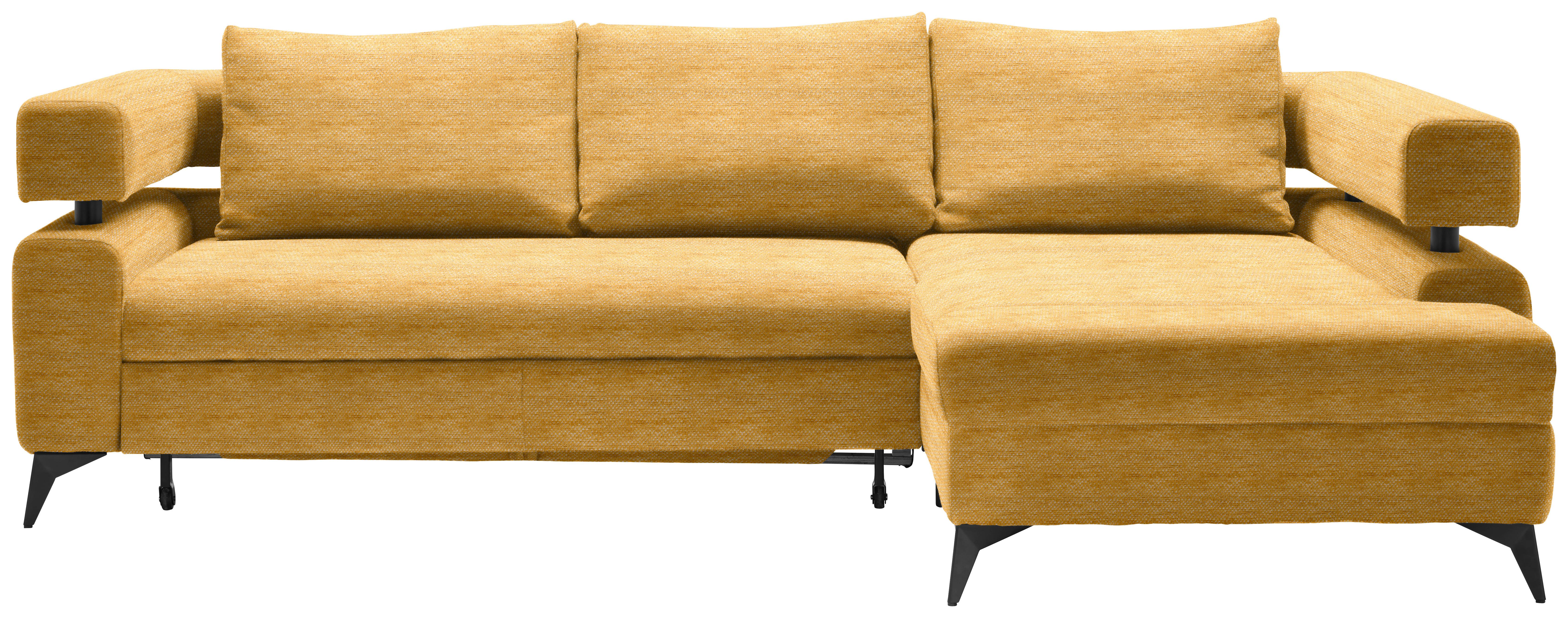 Rohová sedačka ROSALIE, pravá s úložným prostorem a lůžkem - curry žlutá/černá, Konvenční, kov/textil (265/184cm)