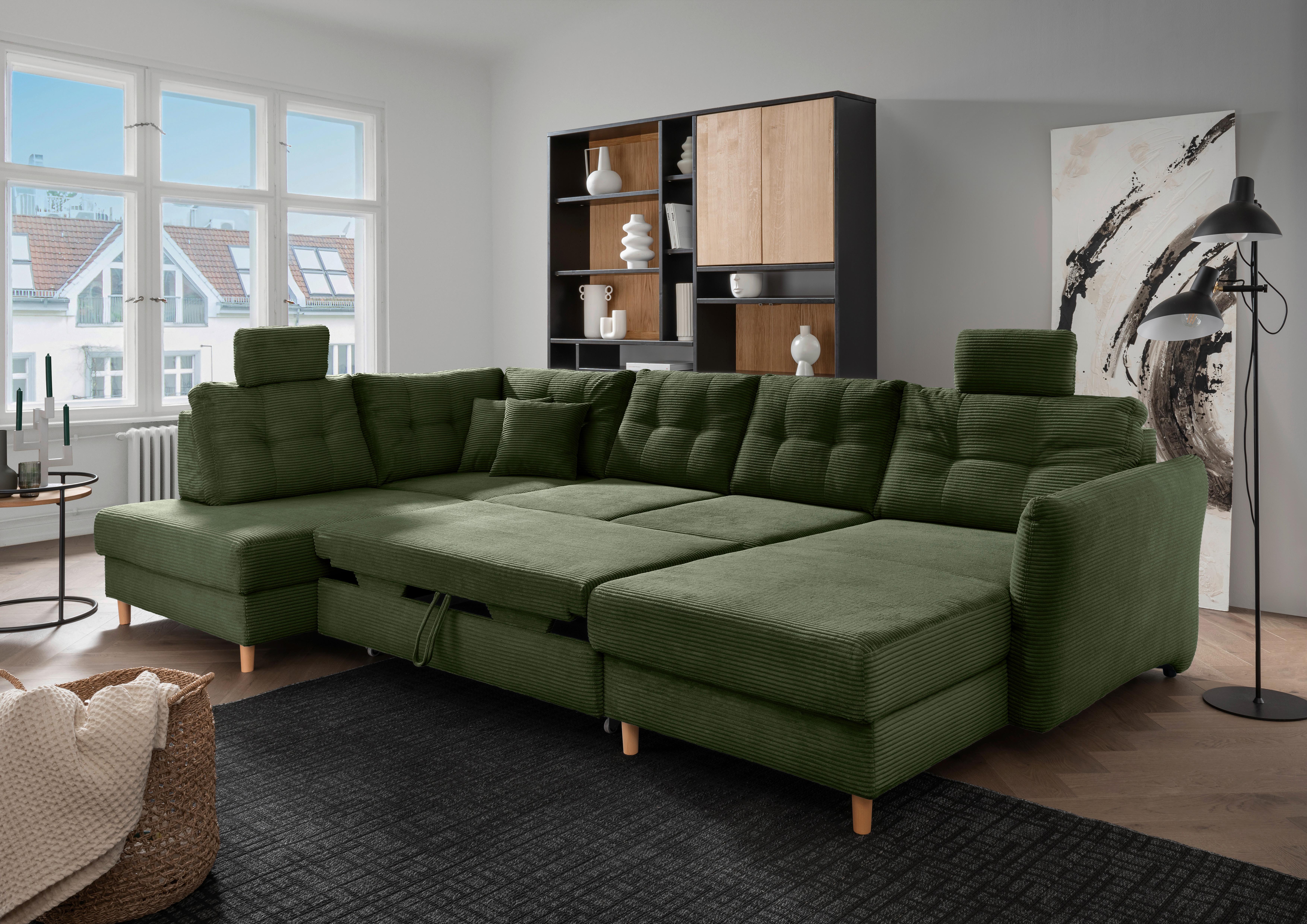 Wohnlandschaft Brizzini Mit Schlaffunktion, Dunkelgrün - Dunkelgrün/Naturfarben, MODERN, Textil (206/338-352/176cm) - Livetastic