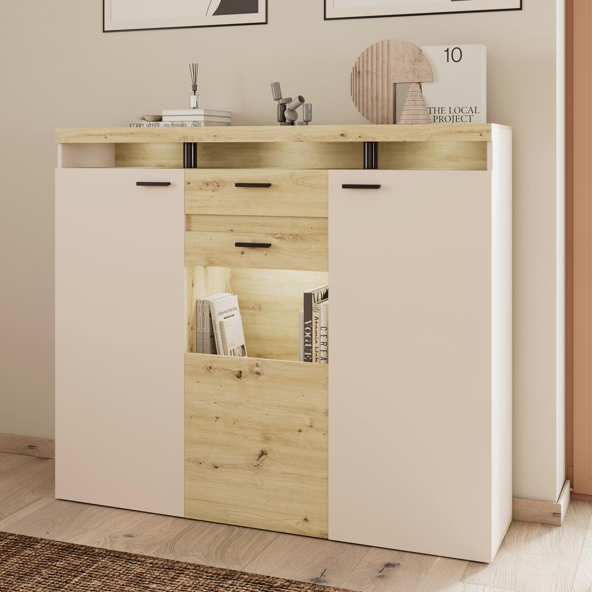 Highboard Strada Giga Eiche Artisan/Kashmir, B:151cm - Kaschmir/Schwarz, Trend, Glas/Holzwerkstoff (151/129/37cm)