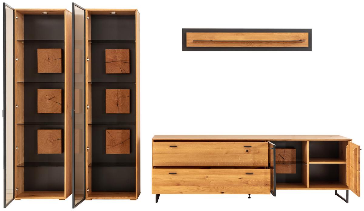 Wohnwand Assini 4-Teilig Wildeiche B: 359 cm - Wildeiche/Schwarz, Design, Glas/Holz (359/206/50cm) - MID.YOU