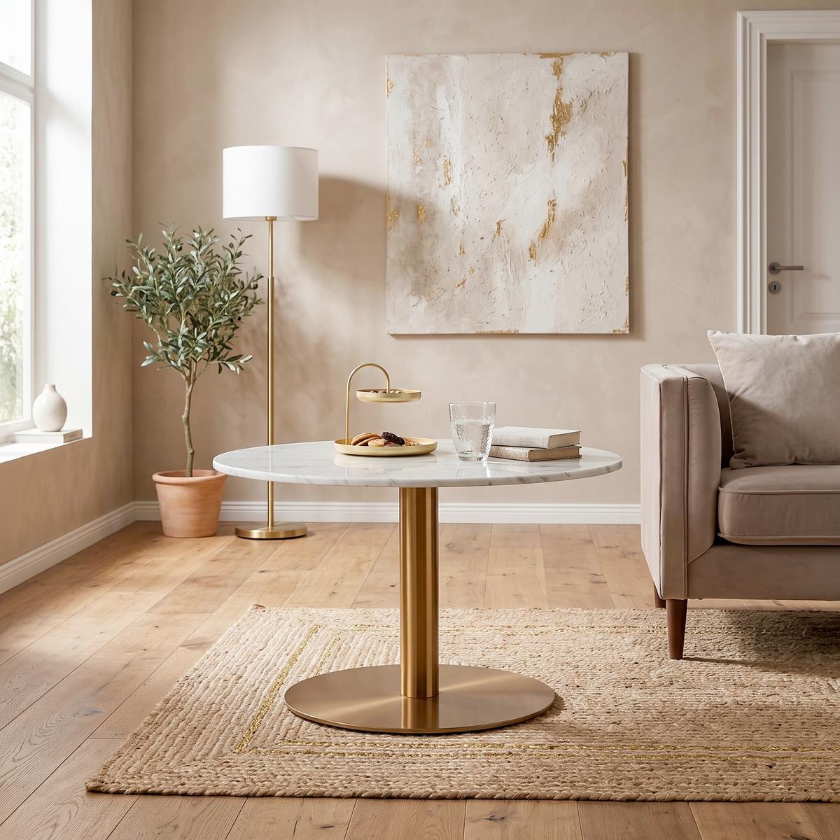 Konferenčný stolík BURSA 80 - zlatá/biela, Modern, kov/kameň (80/45cm) - Mömax