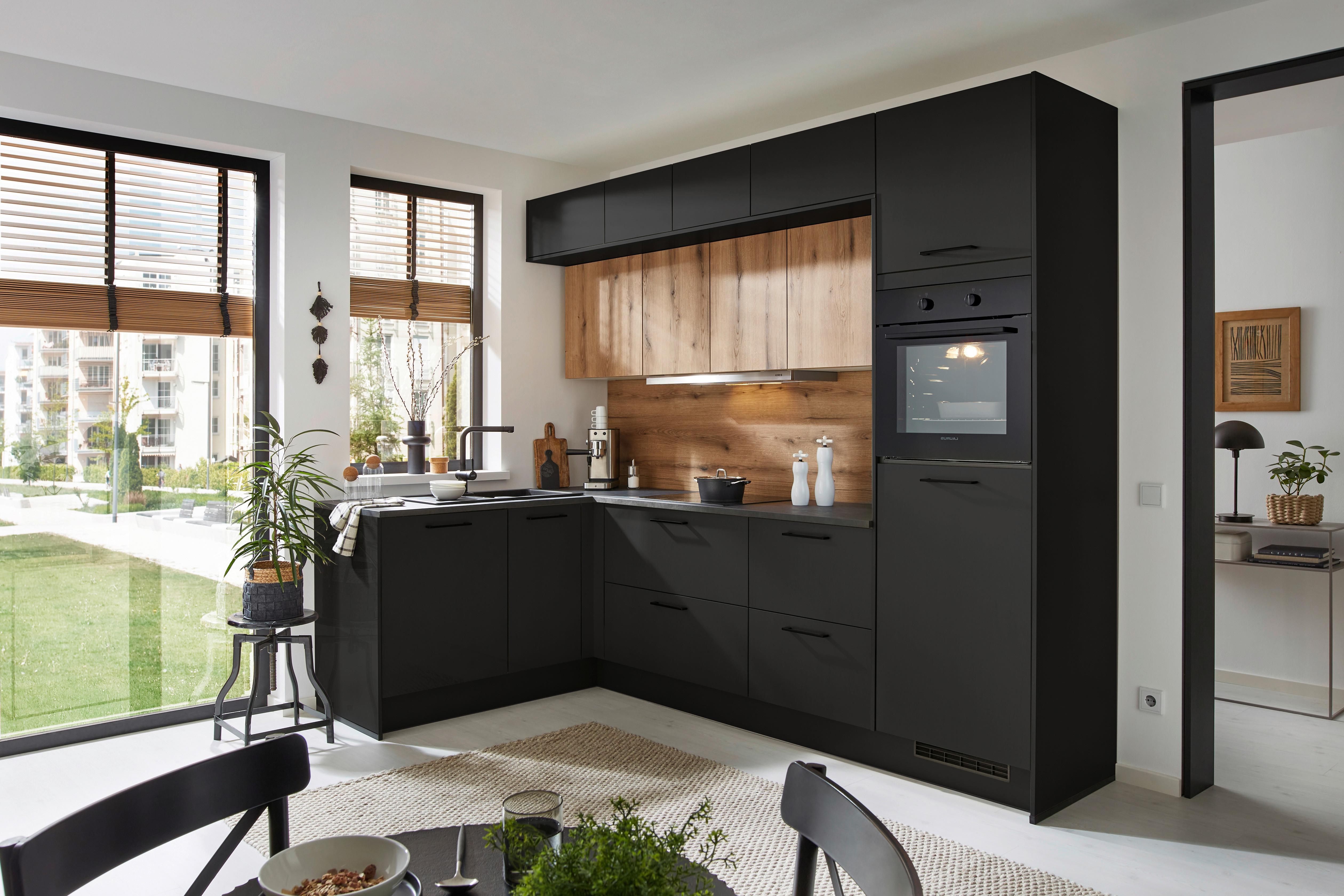 Eckküche Pn210/Pn100 - Eichefarben/Schwarz, Basics, Holzwerkstoff (165/275cm) - Pino