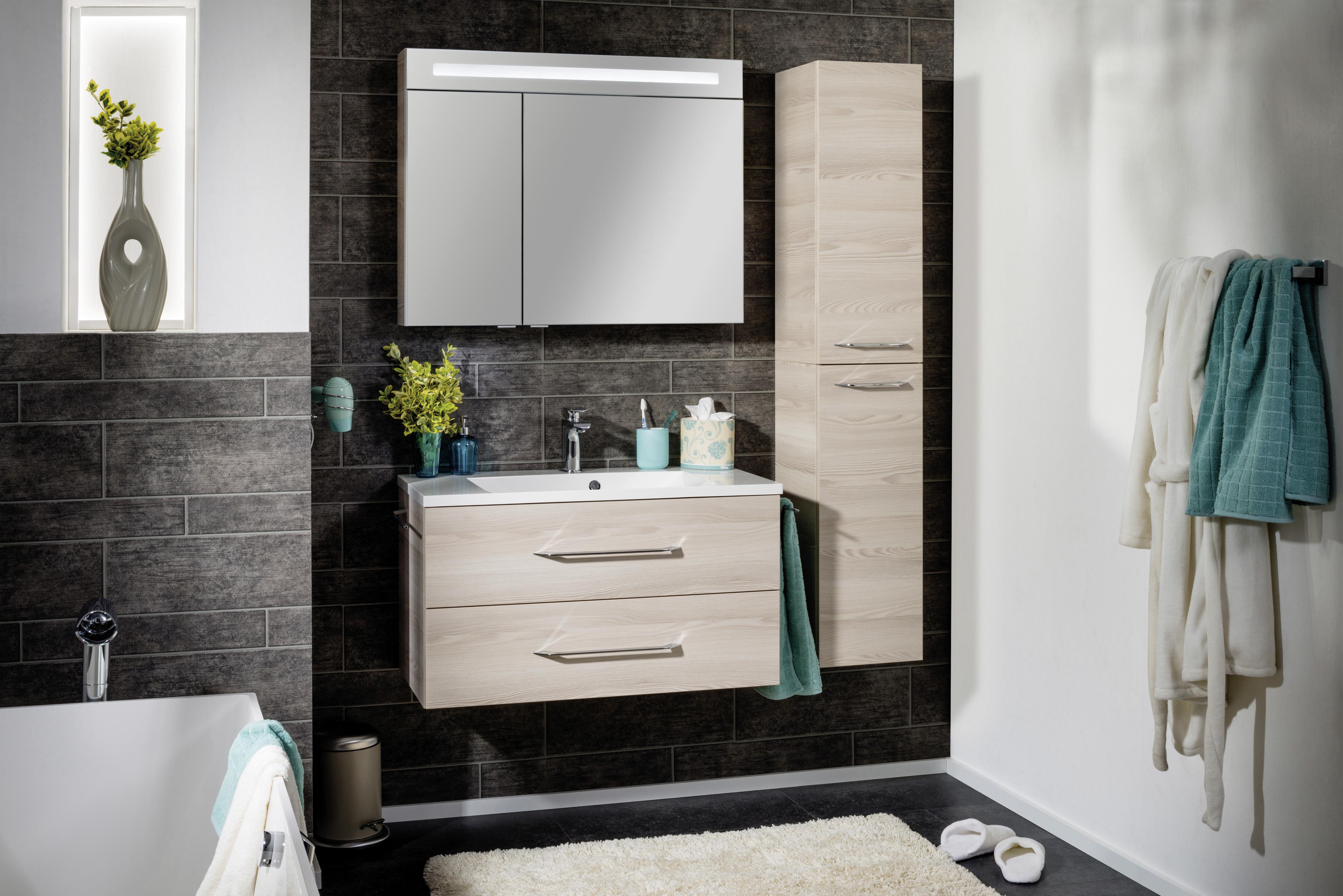 Waschbecken mit Unterschrank Clever B: 90 cm Eschefarben - Eschefarben/Weiß, MODERN, Holzwerkstoff/Kunststoff (90cm) - MID.YOU