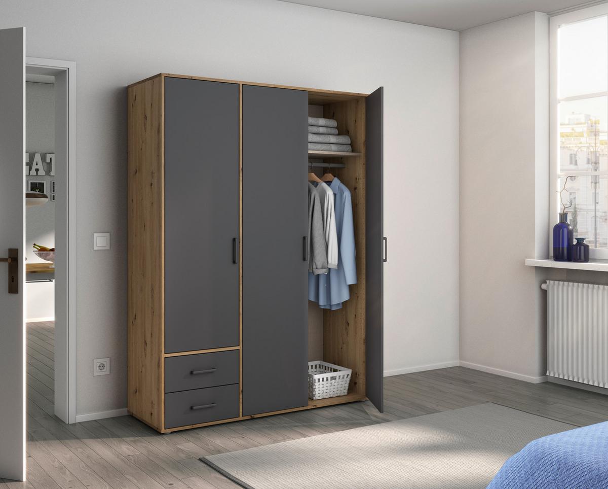 Drehtürenschrank Mit Schubladen 140 cm Voyager - Eiche Artisan/Grau, MODERN, Holzwerkstoff (140/194/53cm) - Rauch Möbel
