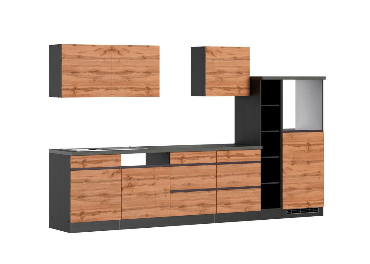 Küchenzeile Turin ohne Geräte B: 330 cm Graphit/Eiche Dekor - Eiche Wotan/Graphitfarben, Design, Holzwerkstoff (330cm) - Held