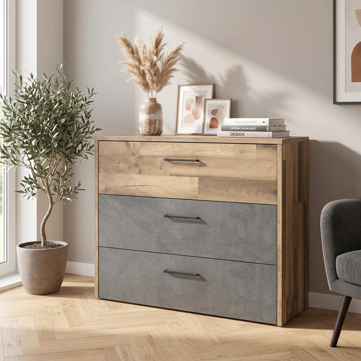 Kommode 100 cm Ricciano, Eiche Dekor/ Dunkelgrau - Eichefarben/Dunkelgrau, MODERN, Holzwerkstoff/Kunststoff (100/80/41,5cm) - MID.YOU