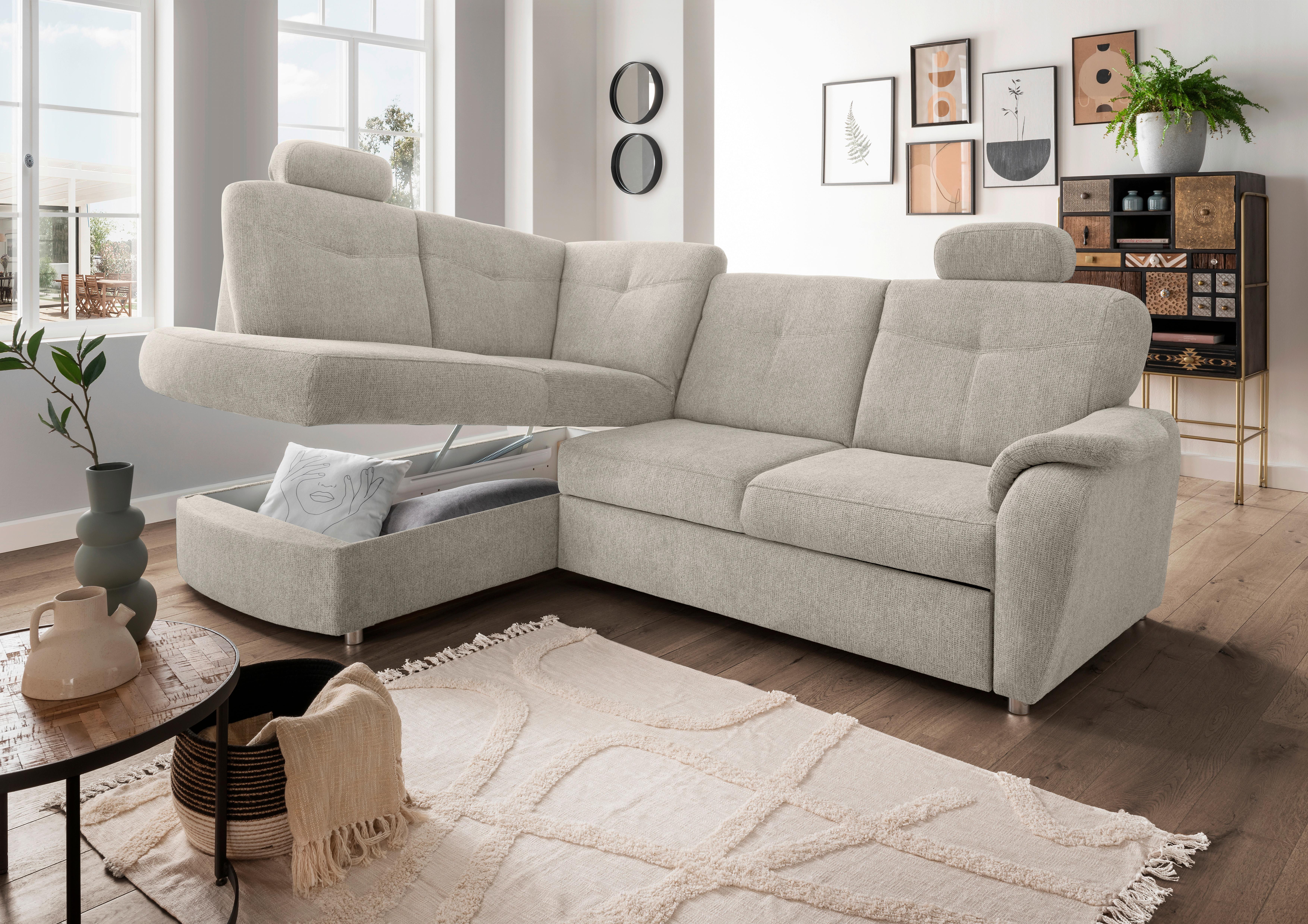 Eckschlafsofa Rosali, Beige S: 180x264 Cm - Chromfarben/Beige, MODERN, Textil (180/264cm) - Livetastic