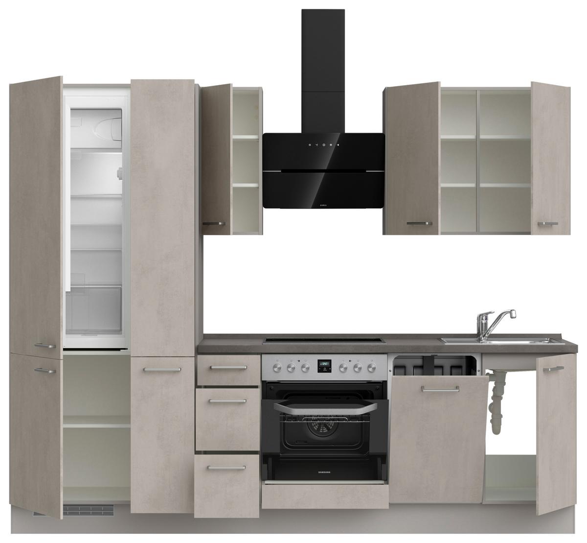 Kuchynská linka 270 cm, šedý betón/ kamenná šedá - sivá/farba ušľachtilej ocele, Modern, kov/kompozitné drevo (270cm) - Nobilia