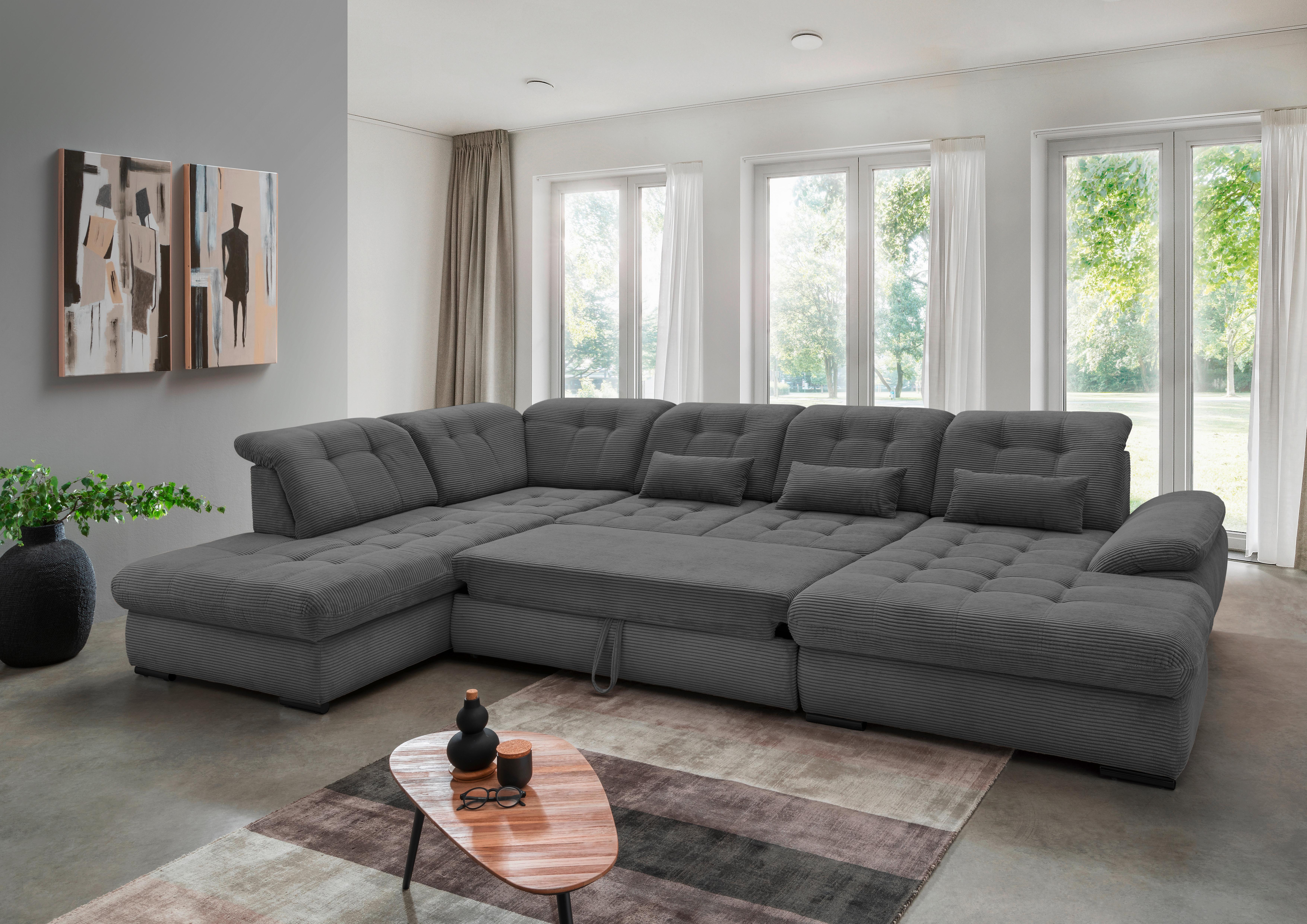 Wohnlandschaft mit Bettkasten Rigatti Grau B: 387 cm - Schwarz/Grau, MODERN, Textil (252/387/184cm) - Livetastic
