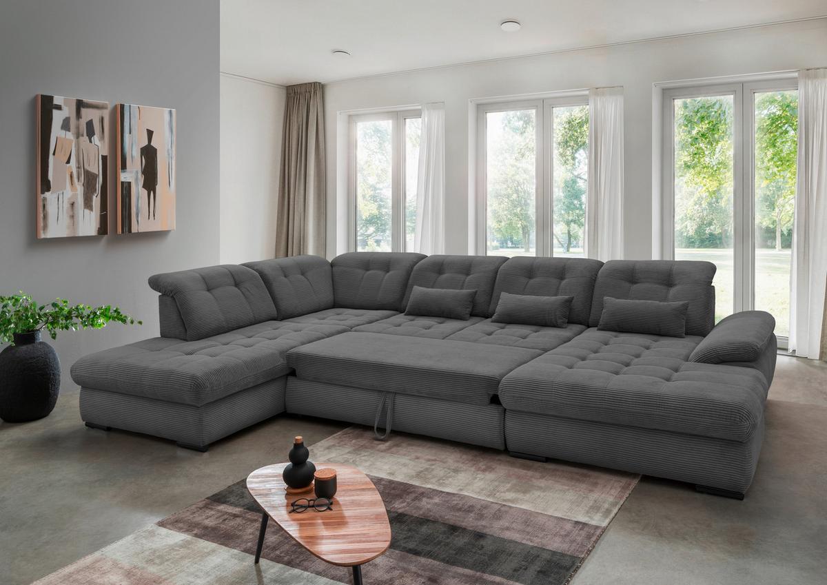 Wohnlandschaft mit Bettkasten Rigatti Grau B: 387 cm - Schwarz/Grau, MODERN, Textil (252/387/184cm) - Livetastic