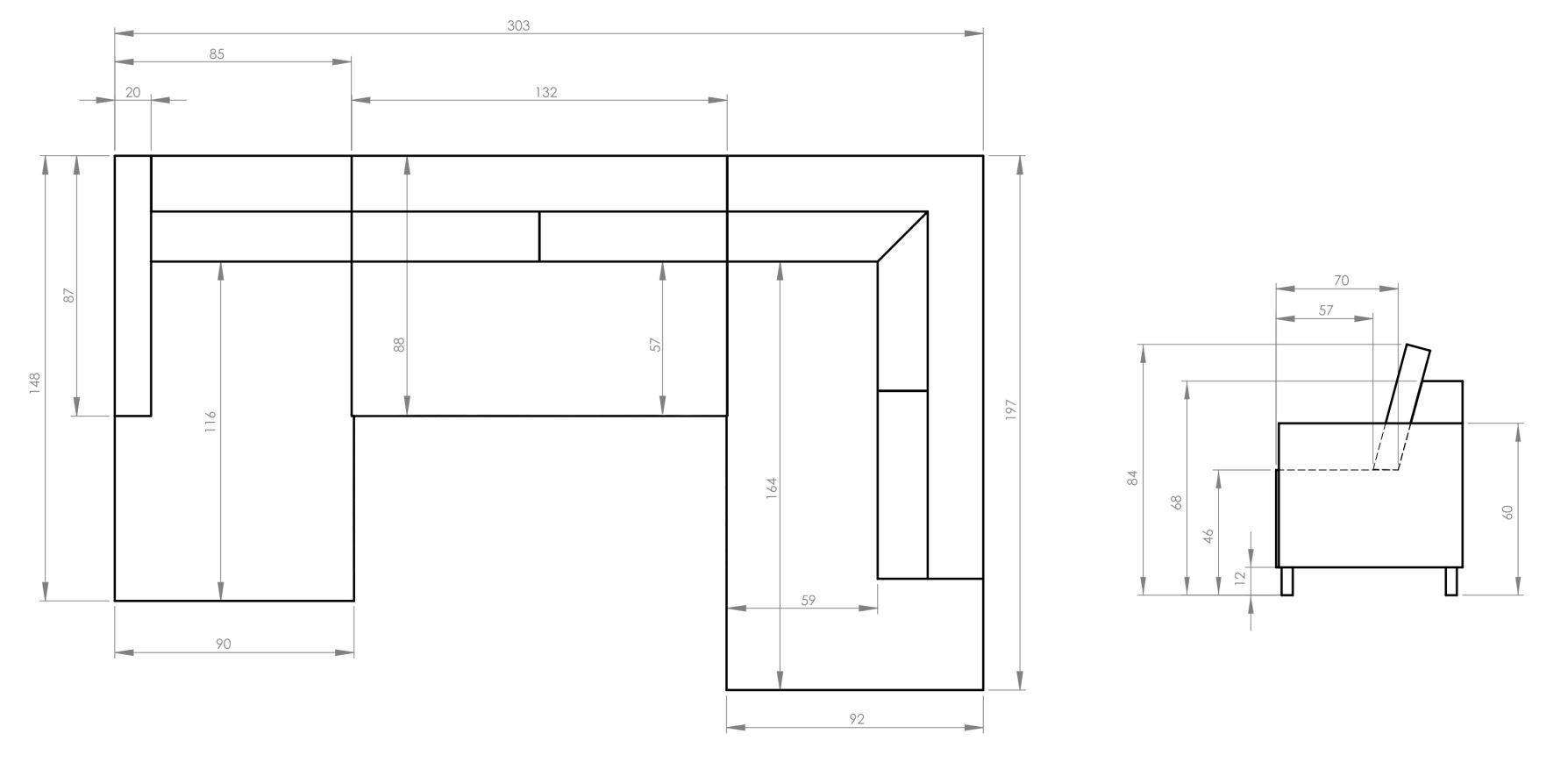 Sedačka LEONIE U, levá, vintage hnědá - černá/hnědá, Moderní, kov/textil (198/304/149cm)
