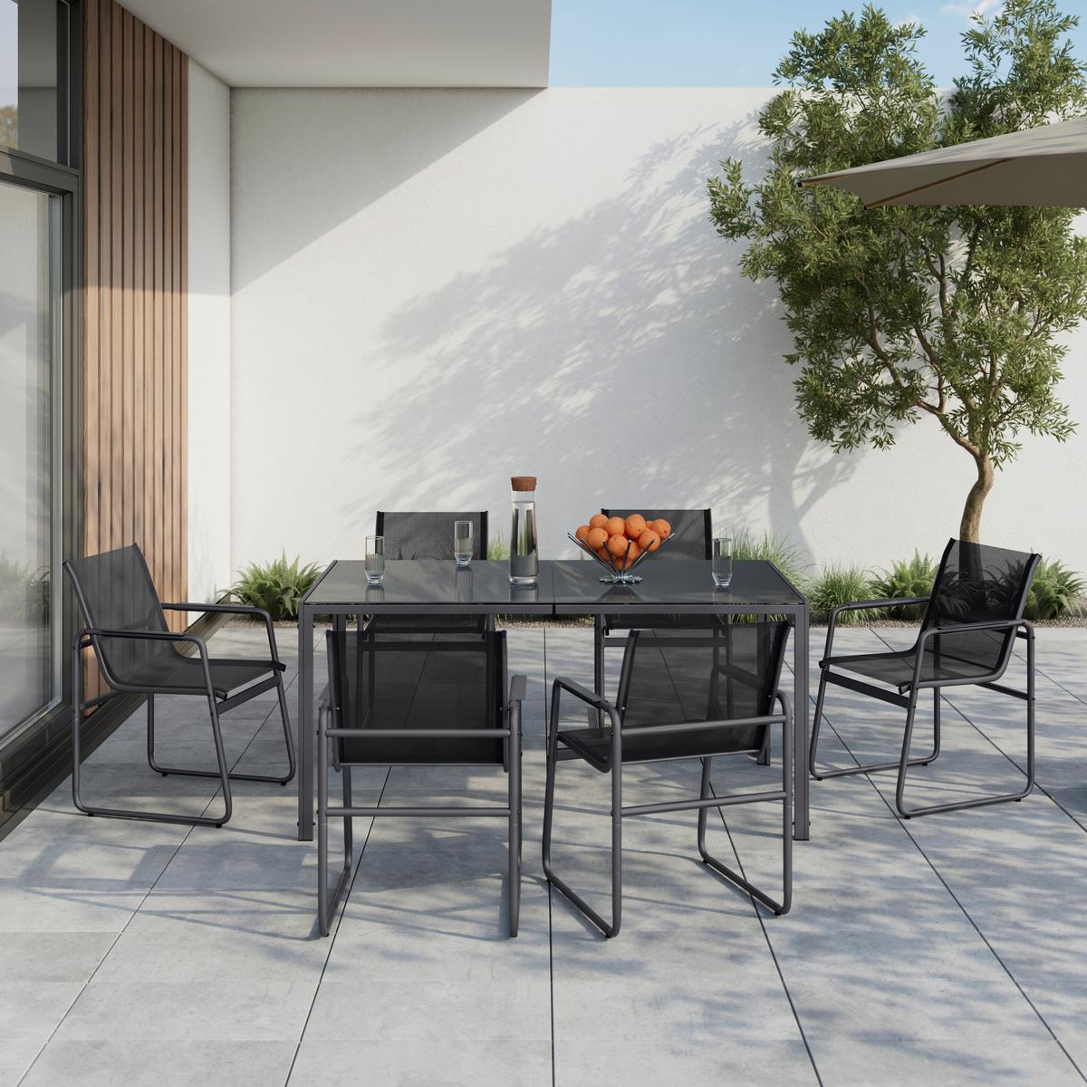 Gartenmöbel Set 7-Tlg. Toulon aus Metall/Textil/Glas - Dunkelgrau/Schwarz, MODERN, Glas/Textil (50/90/82/75/59,5/160cm) - Beldano