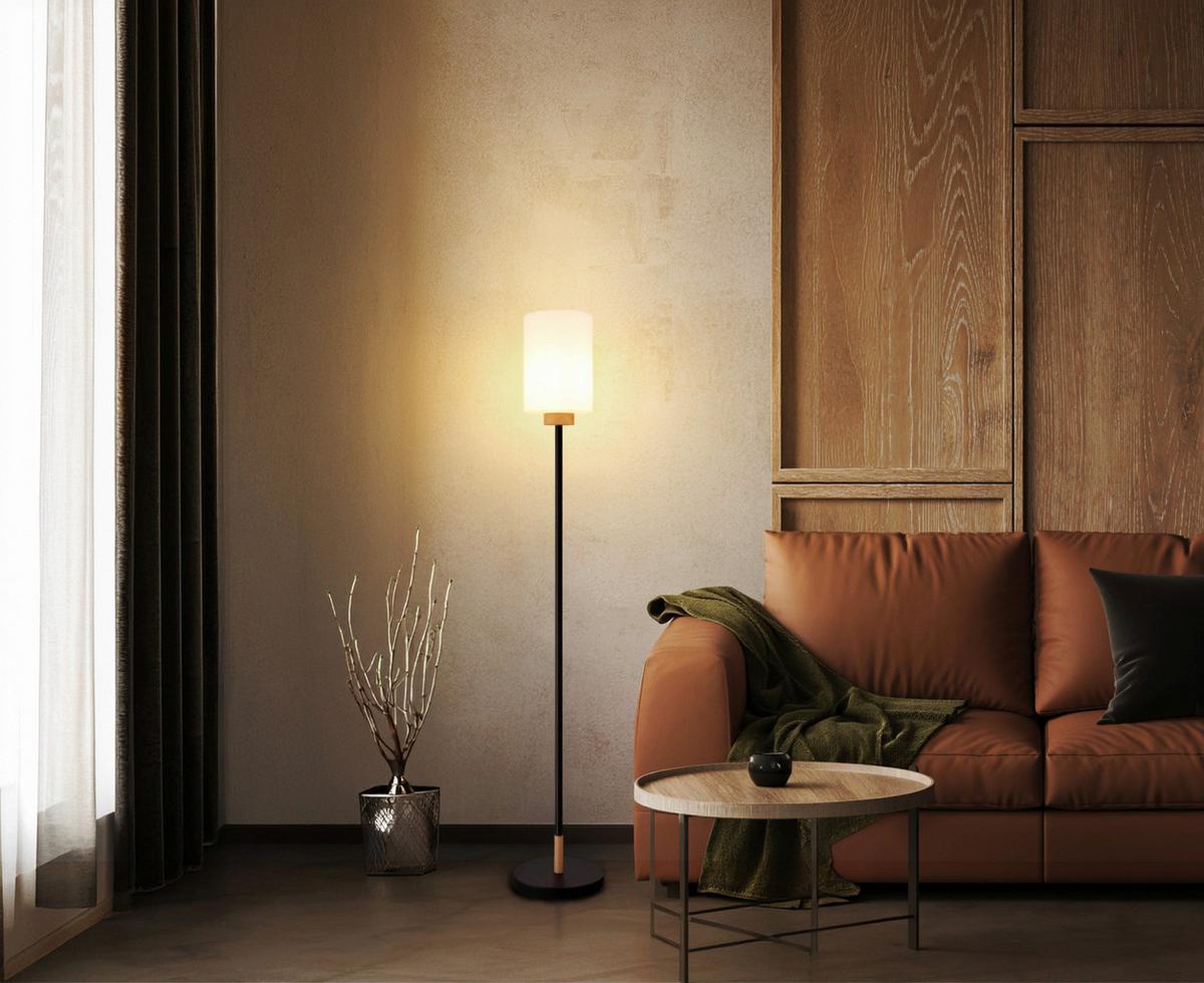 STOJACÍ LAMPA ROWENA - bílá/barvy dubu, Design, kov/dřevo (25/150cm) - Globo