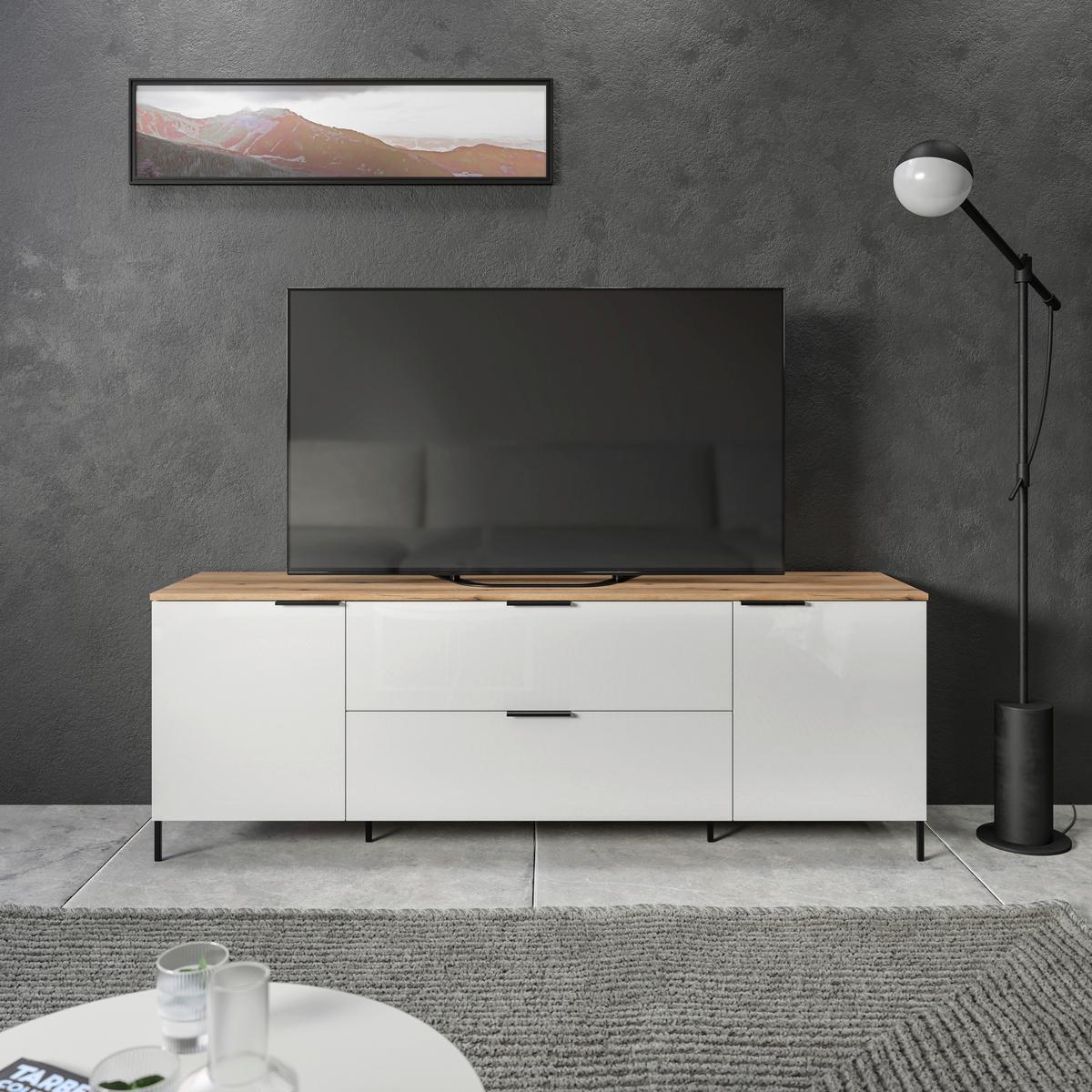 TV-Lowboard Austin 180 cm Eichefarben/Glasfront Weiss - Eichefarben/Schwarz, Trend, Glas/Holzwerkstoff (180/63/40cm)