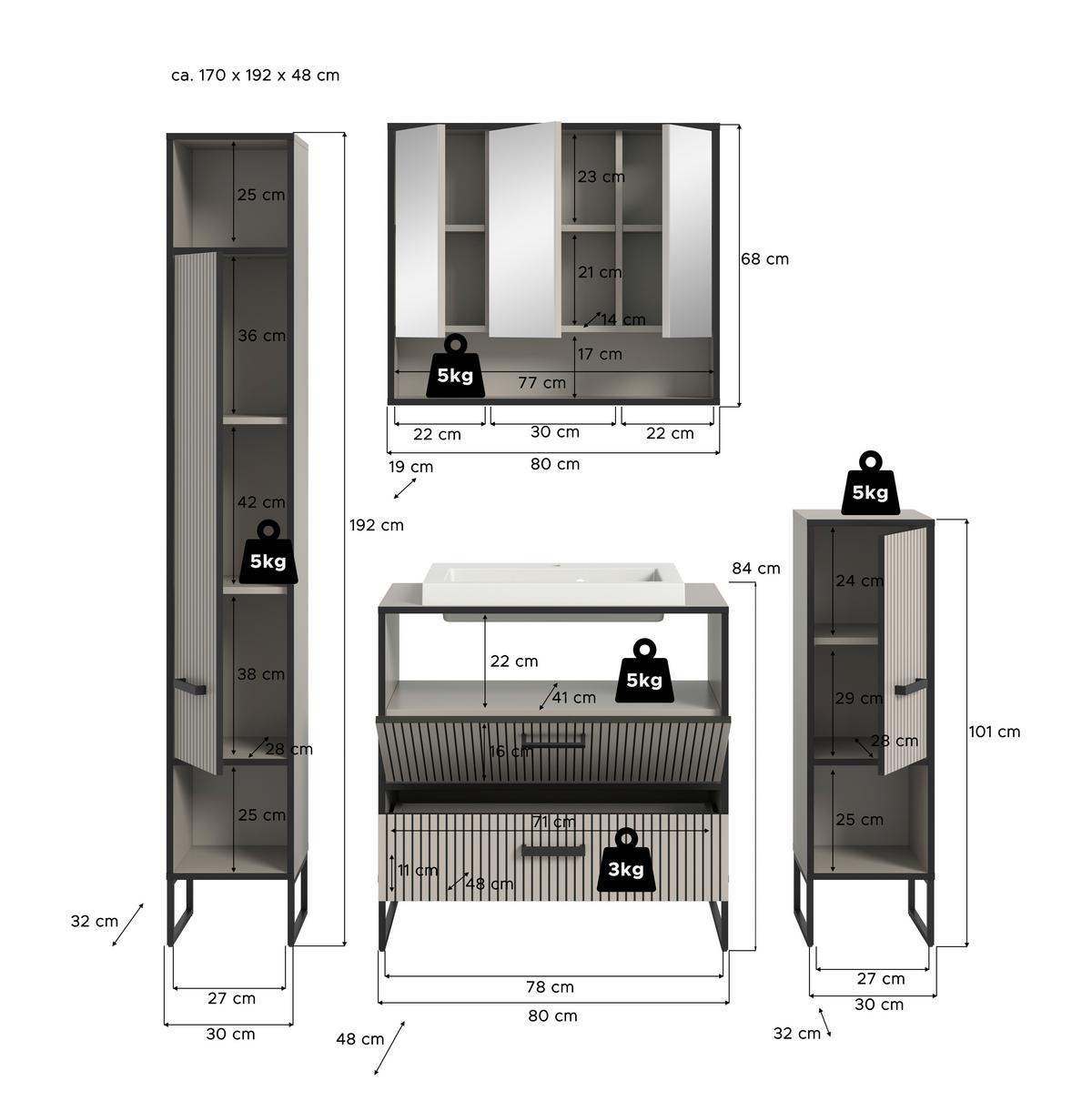 Badezimmer Bagno Schwarz/kaschmir B:140cm - Kaschmir/Schwarz, MODERN, Holzwerkstoff (140cm) - MID.YOU