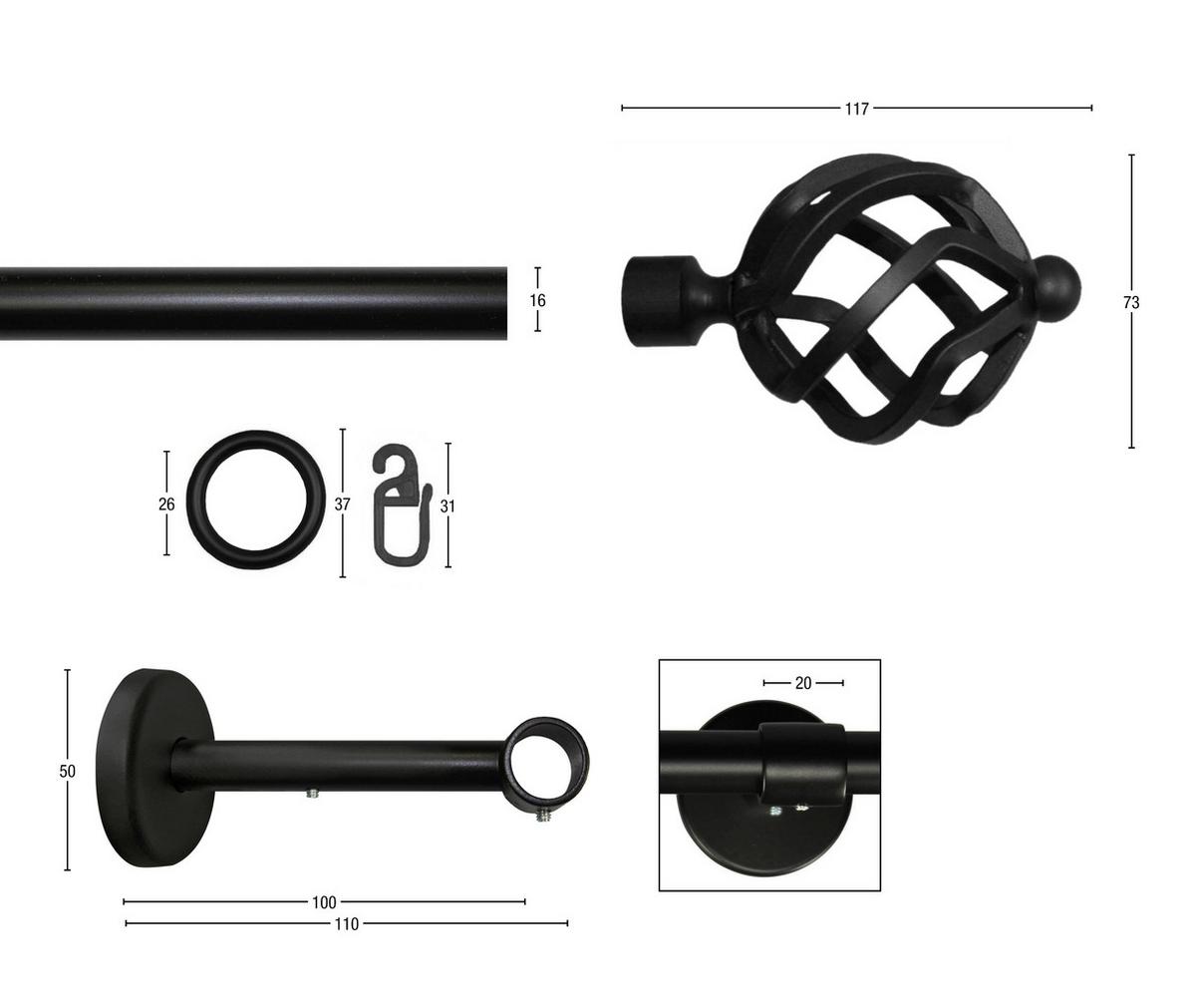 Vorhangstange Schwarz, 260 cm - Schwarz, KONVENTIONELL, Metall (260cm)