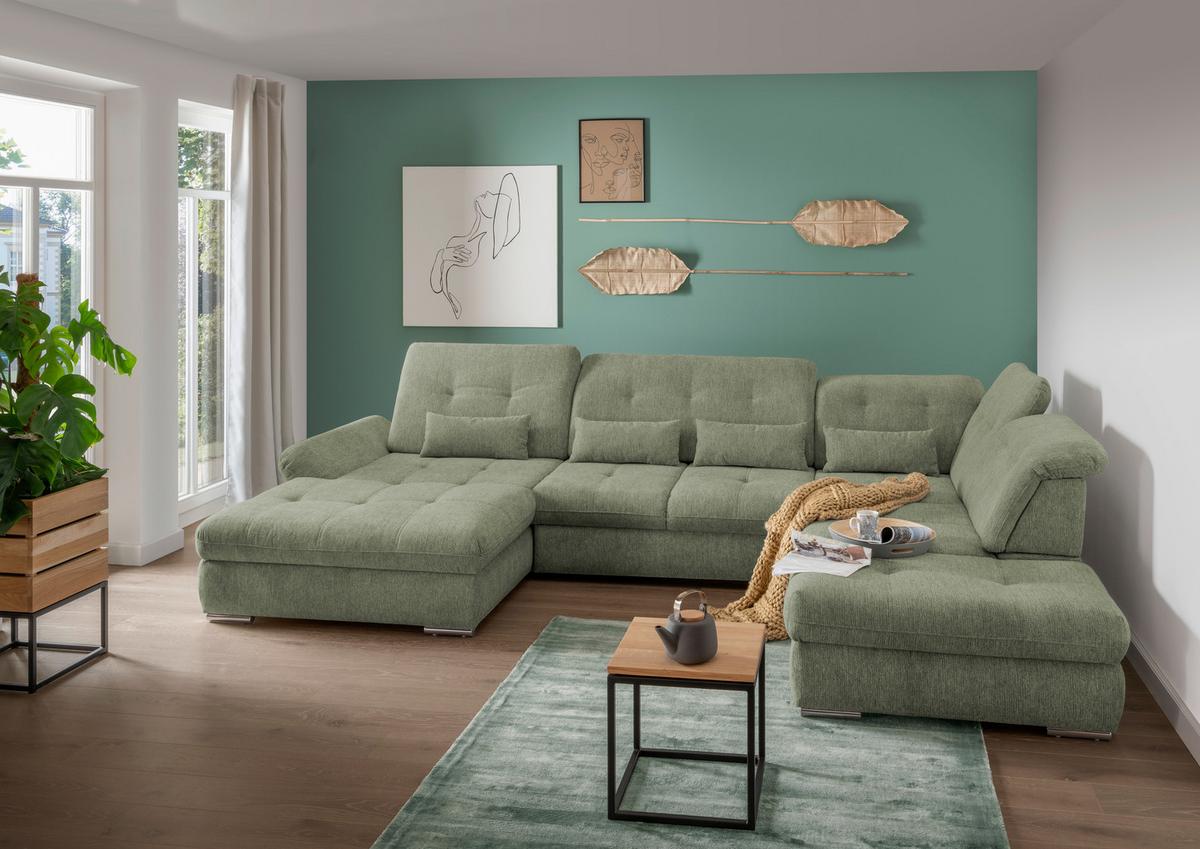 Wohnlandschaft Dalida Mit Schlaffunktion Grün Chenille - Chromfarben/Grün, Design, Textil (195/376/254cm) - Livetastic