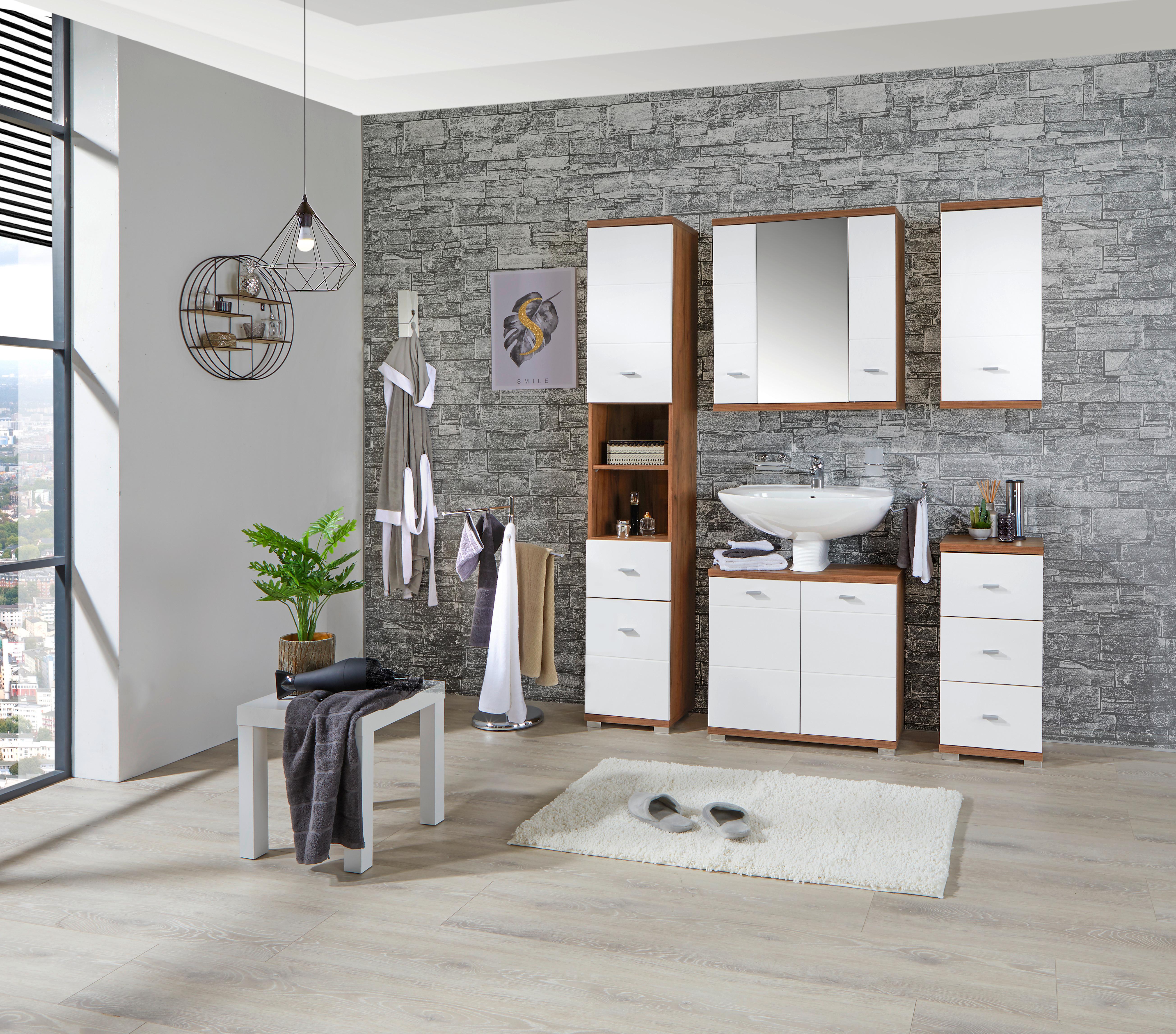 Hängender Spiegelschrank Bari B: 70cm, Weiß + Eiche Dekor - Weiß, KONVENTIONELL, Holzwerkstoff (70/70/25cm)