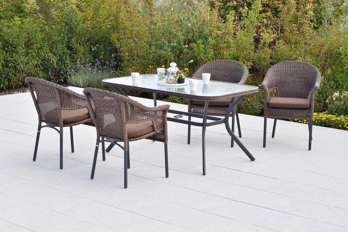 Gartentischgruppe Ravenna 5tlg. Set Inkl. Sitzkissen - Dunkelbraun/Graphitfarben, KONVENTIONELL, Glas/Kunststoff - Gardenson